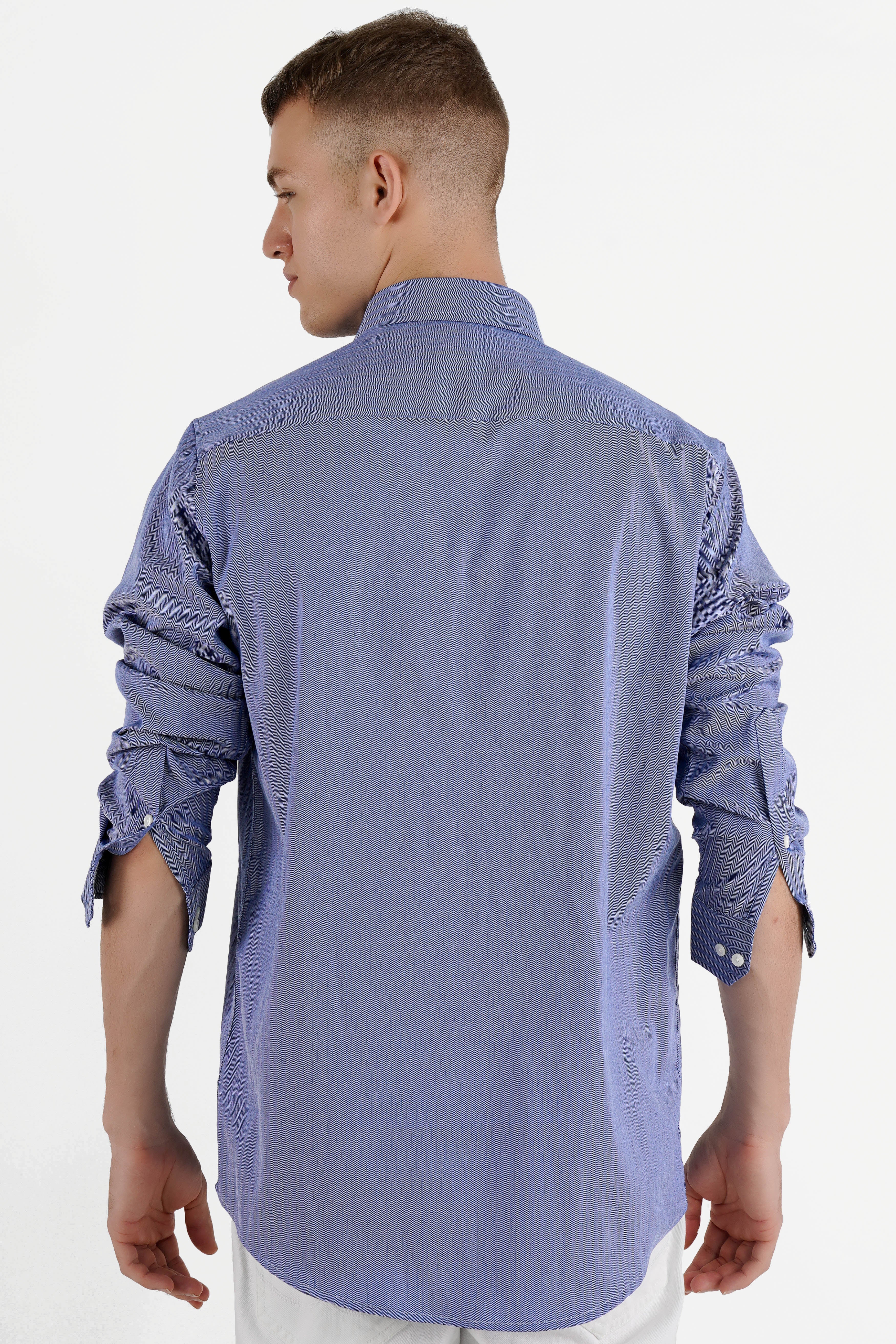 Wild Blue Yonder Subtle Striped with Evil Eye Embroidered Stretchable Herringbone Designer Shirt