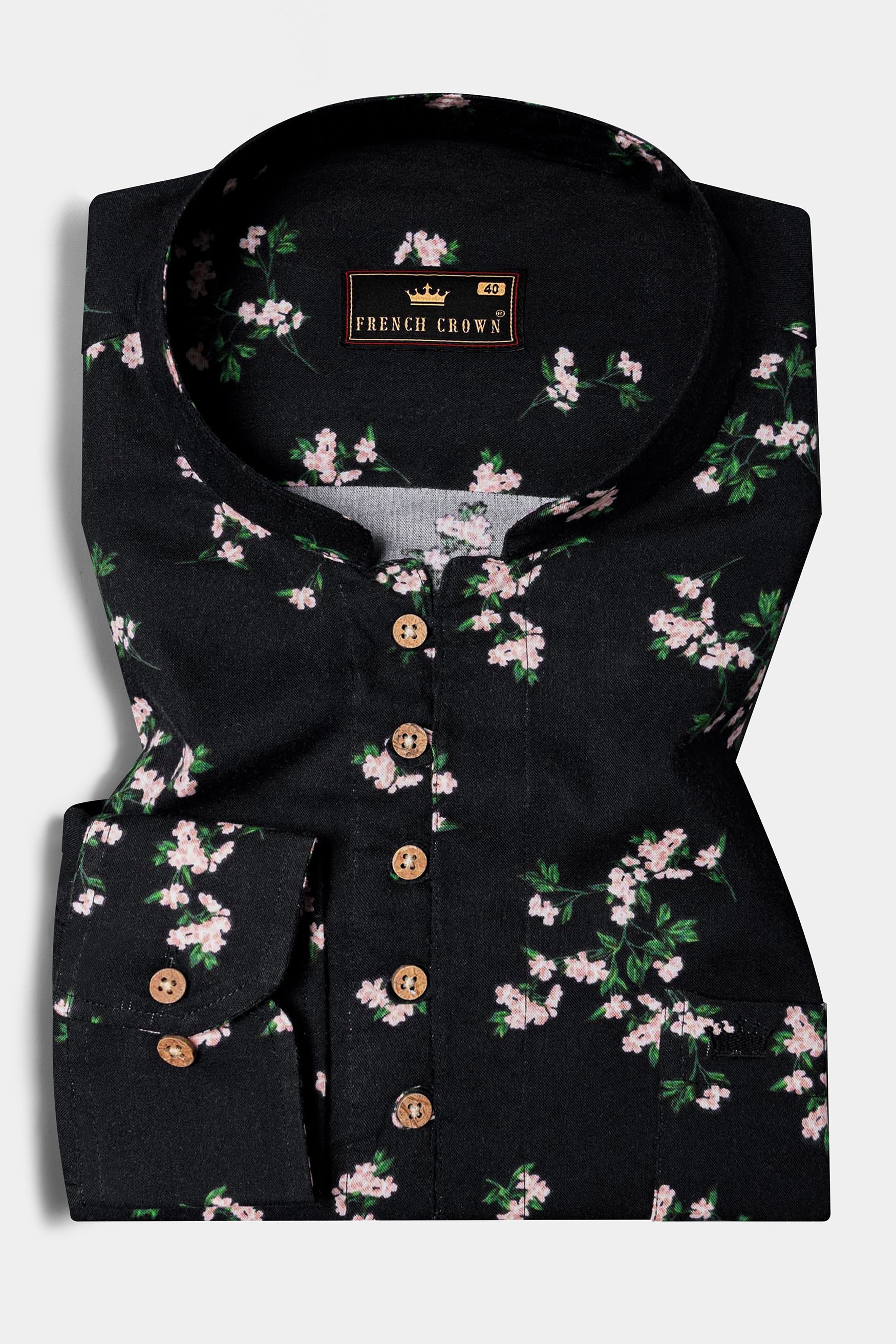 Jade Black Floral Printed Premium Tencel Kurta Shirt