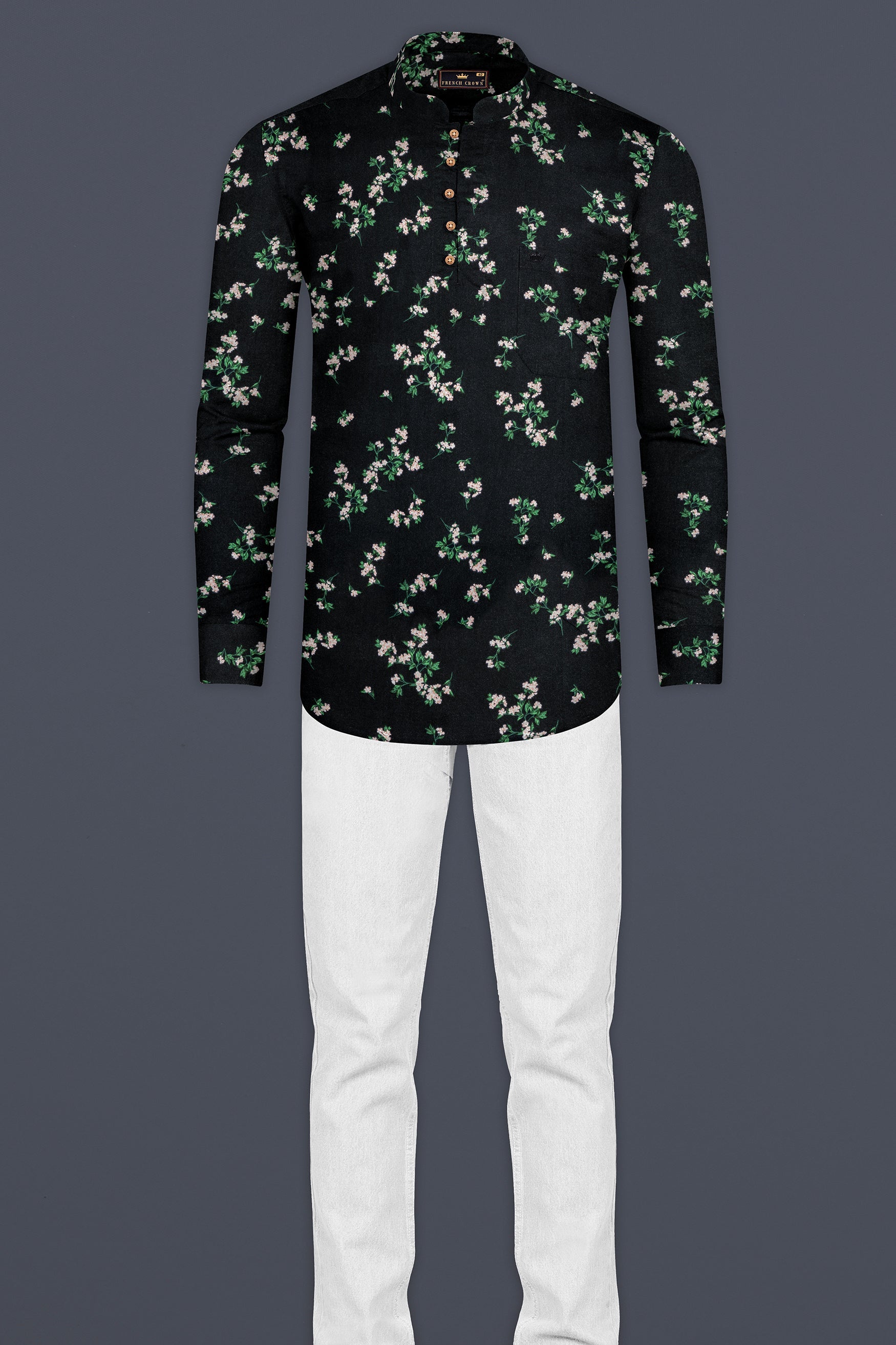 Jade Black Floral Printed Premium Tencel Kurta Shirt