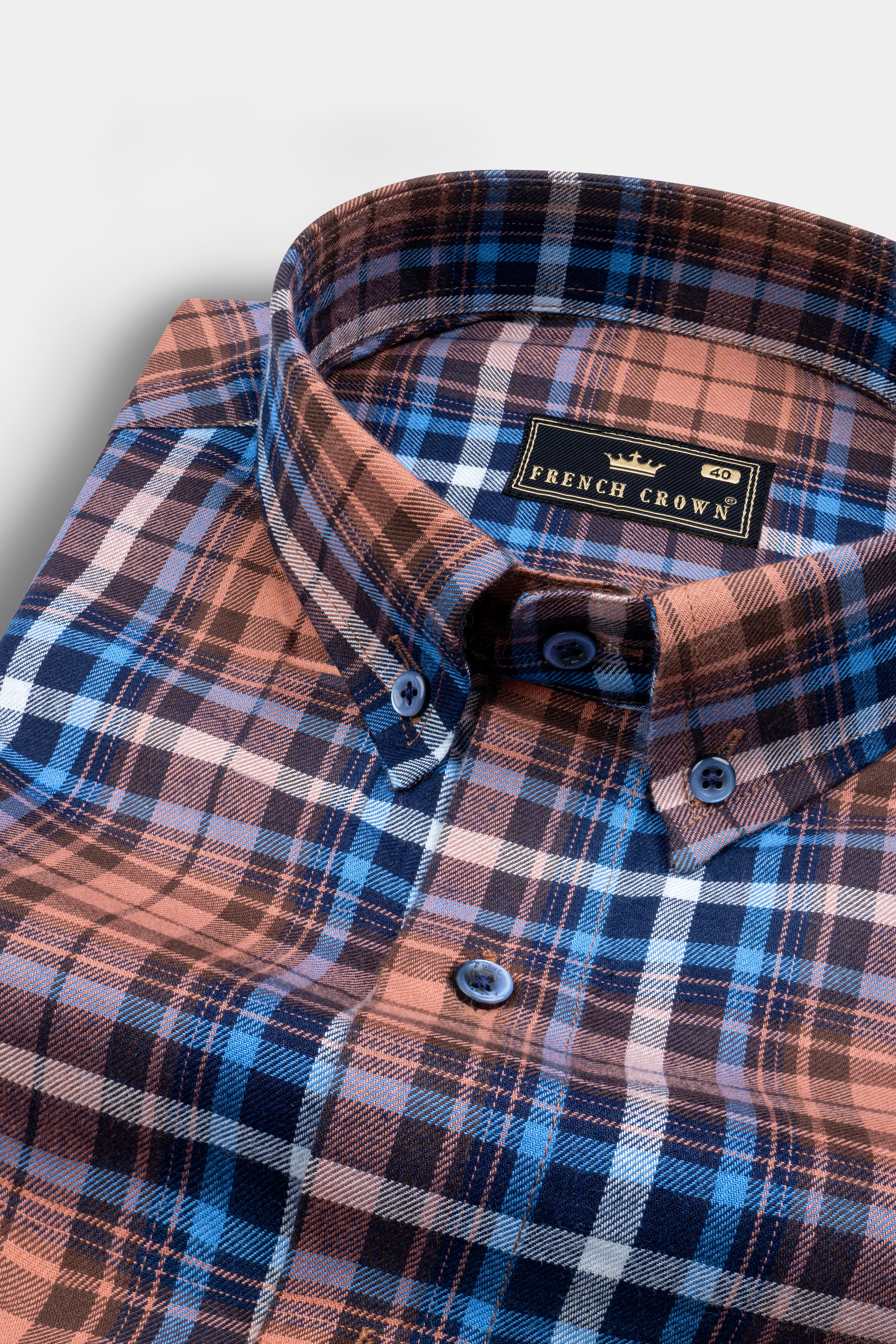 Brown with Danube Blue Twill Plaid Premium Cotton Shirt