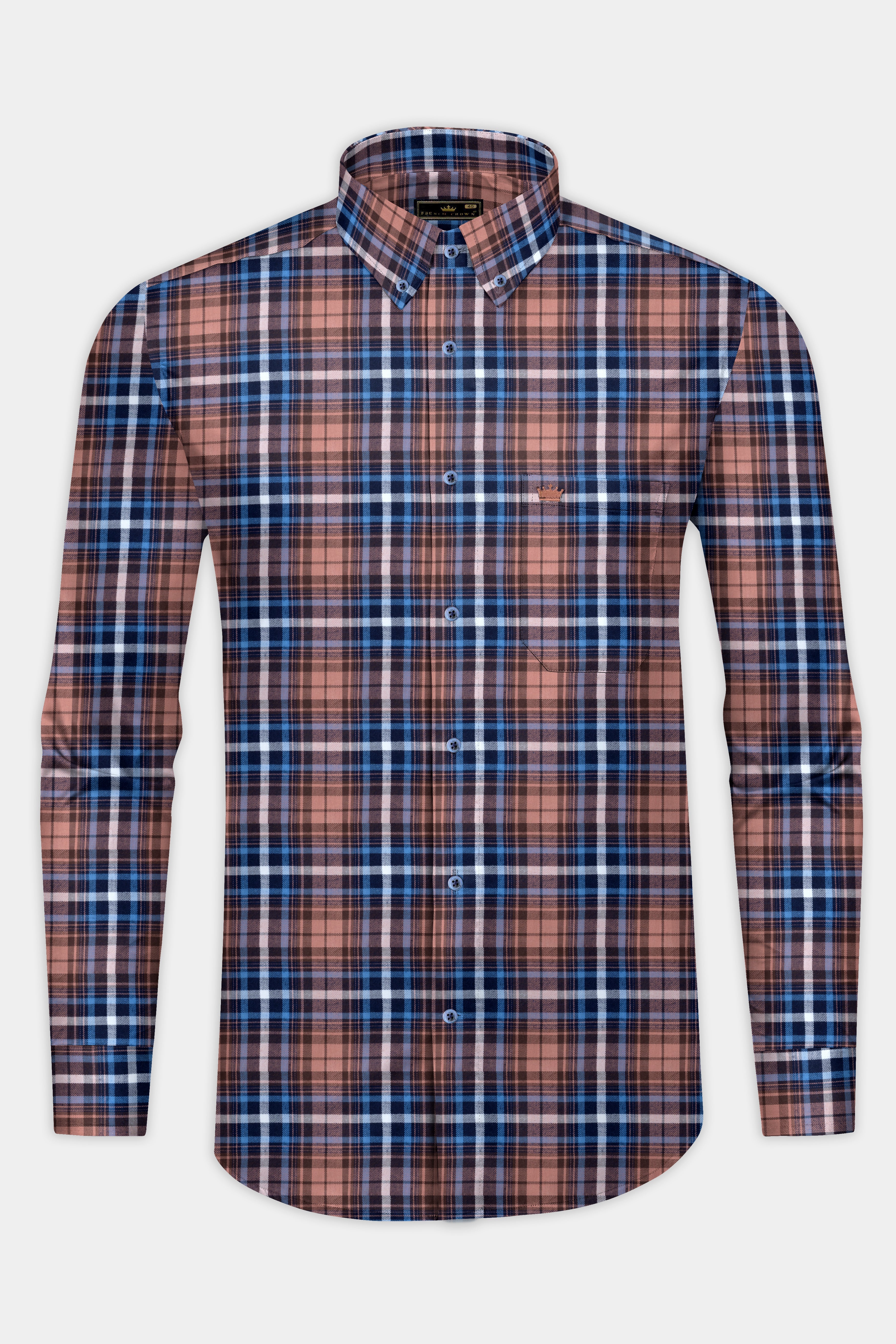 Brown with Danube Blue Twill Plaid Premium Cotton Shirt