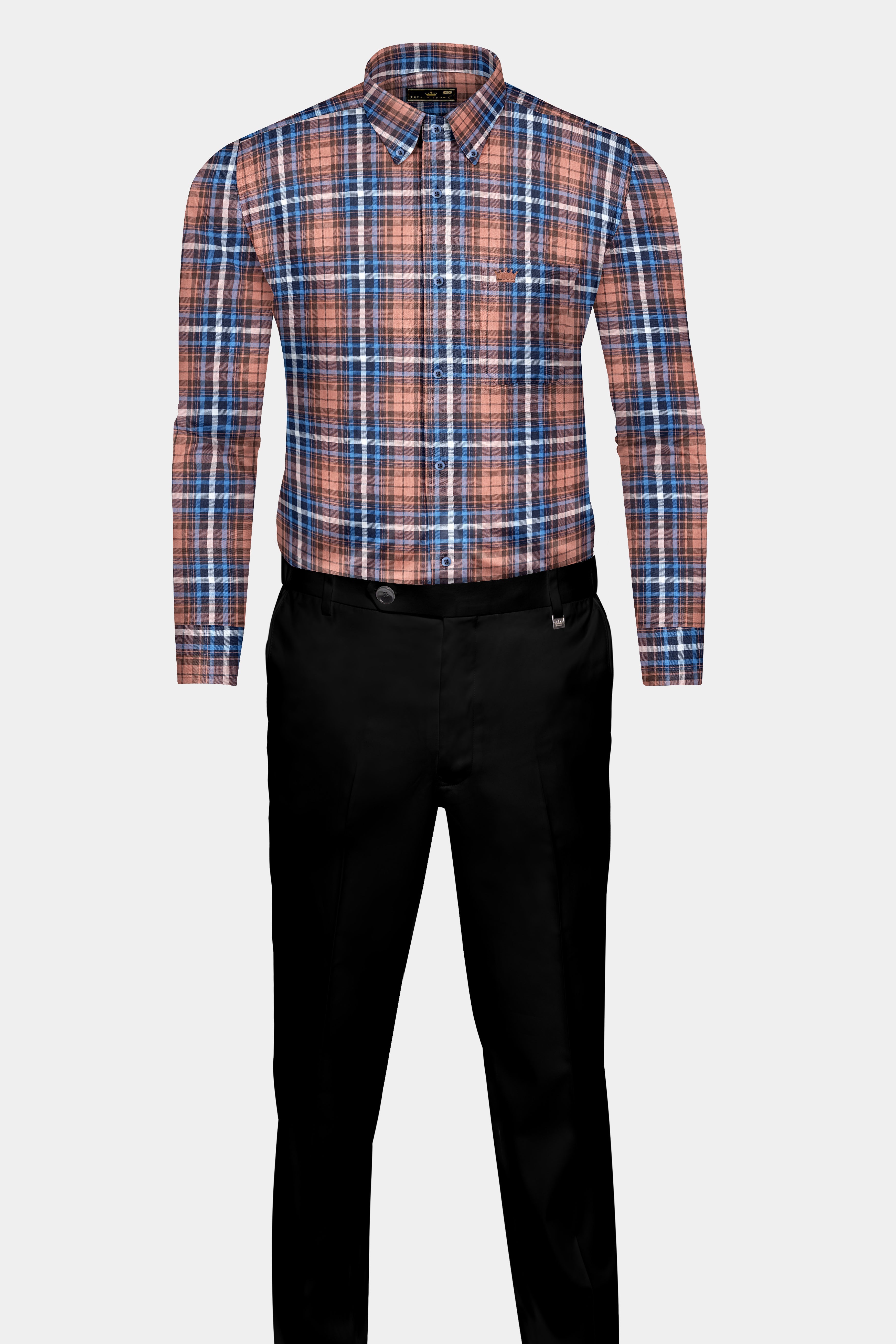 Brown with Danube Blue Twill Plaid Premium Cotton Shirt