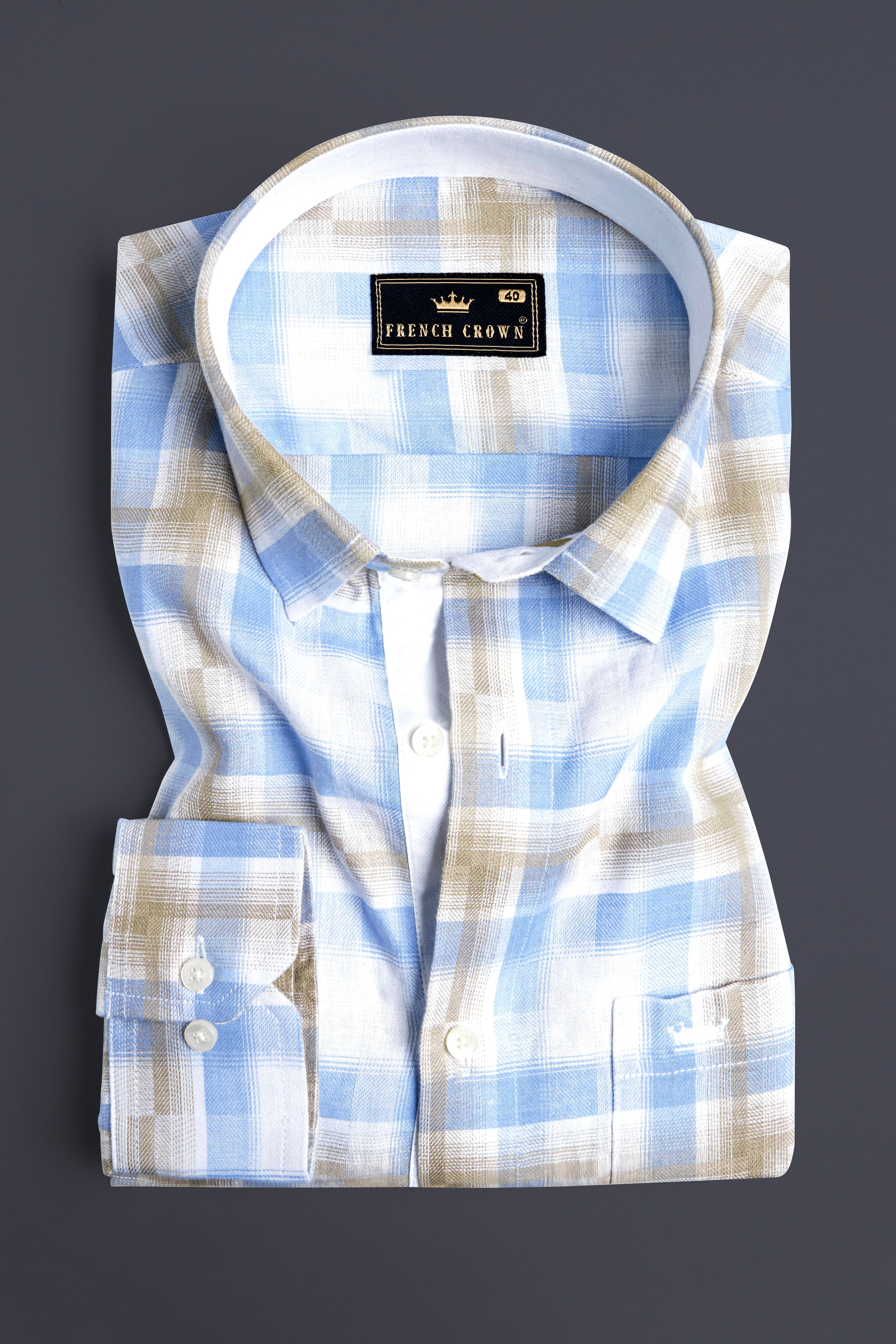 Bright White with sky Blue and Malta Brown Twill Plaid Premium Cotton Shirt