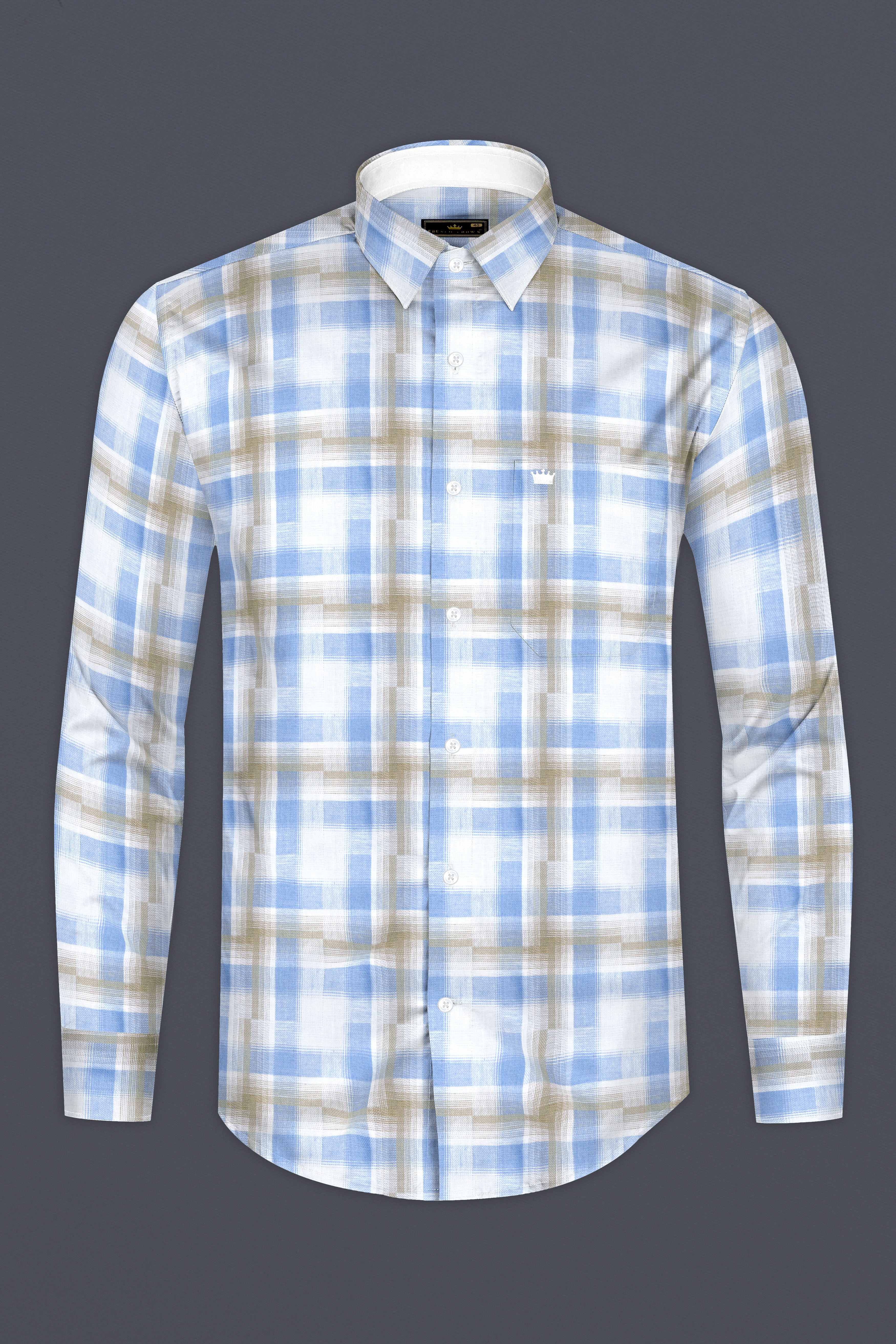 Bright White with sky Blue and Malta Brown Twill Plaid Premium Cotton Shirt