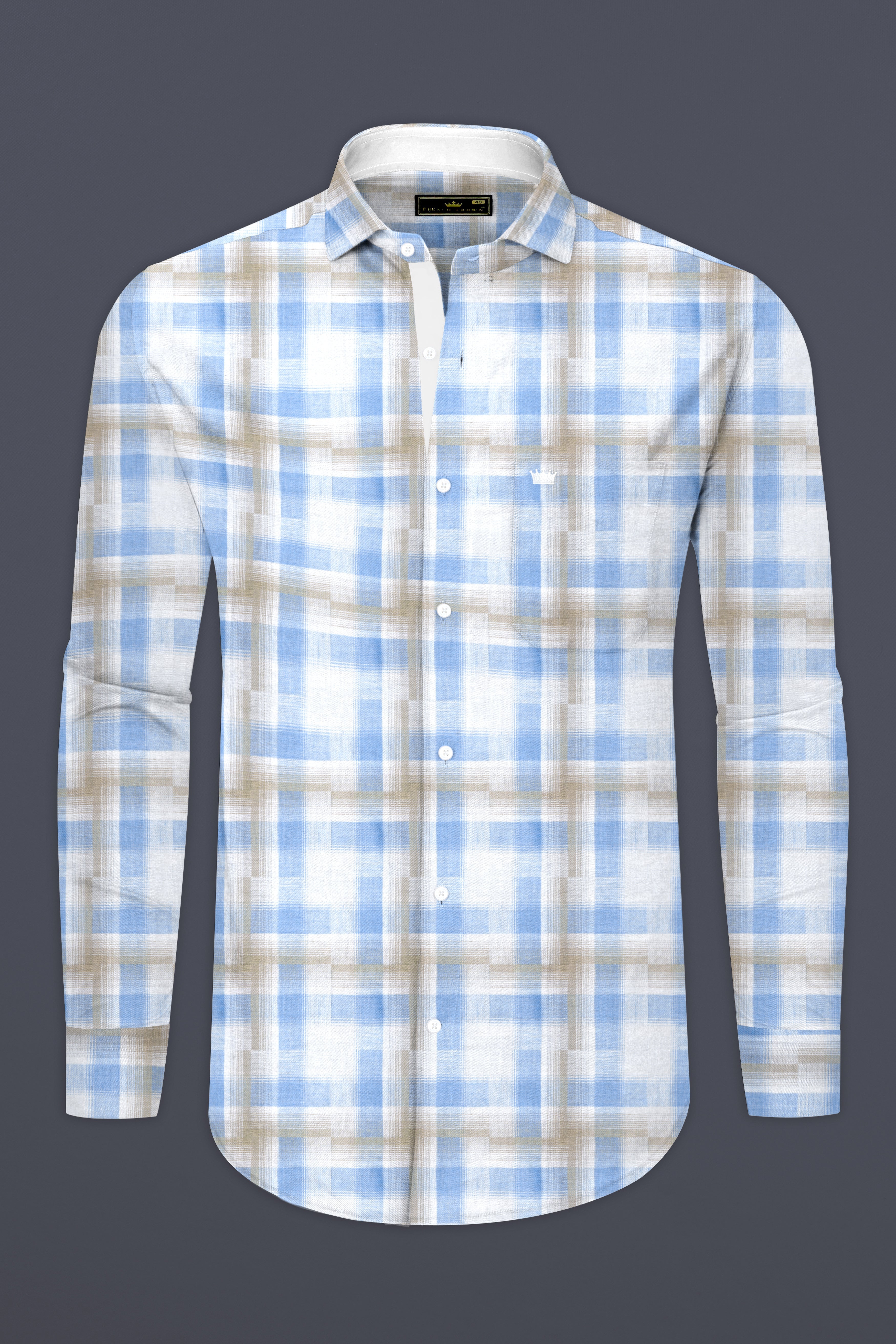 Bright White with sky Blue and Malta Brown Twill Plaid Premium Cotton Shirt