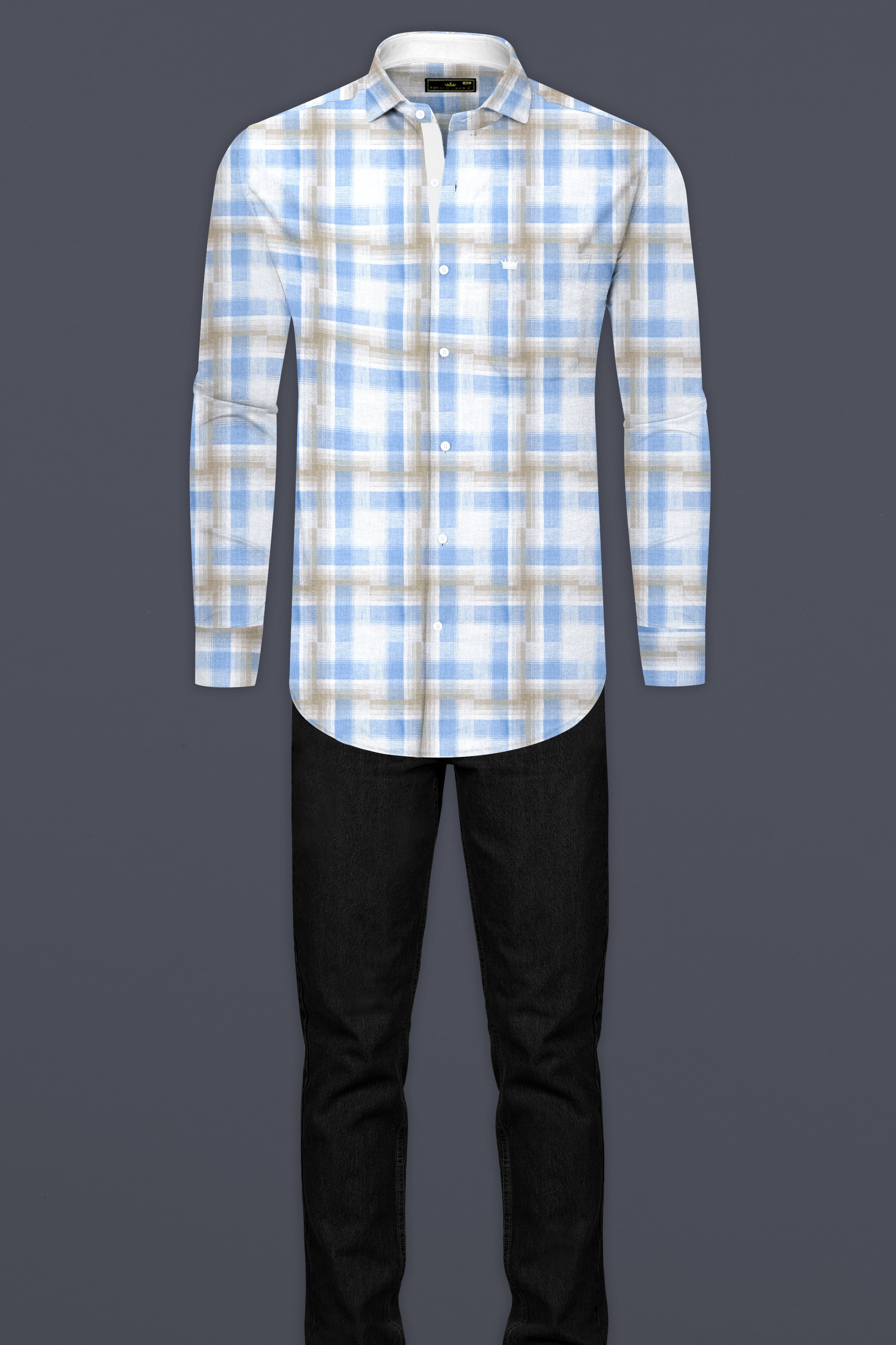 Bright White with sky Blue and Malta Brown Twill Plaid Premium Cotton Shirt