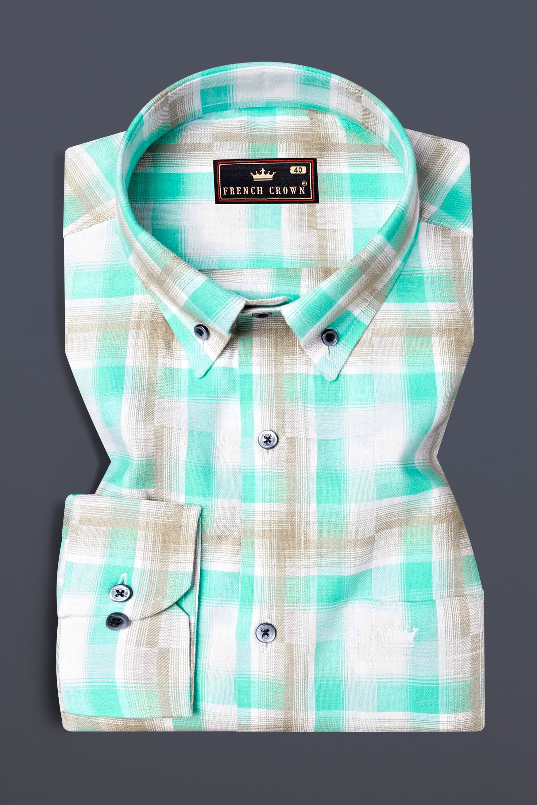 Bright White with Pavlova Brown and Riptide Green Twill Plaid Premium Cotton Shirt