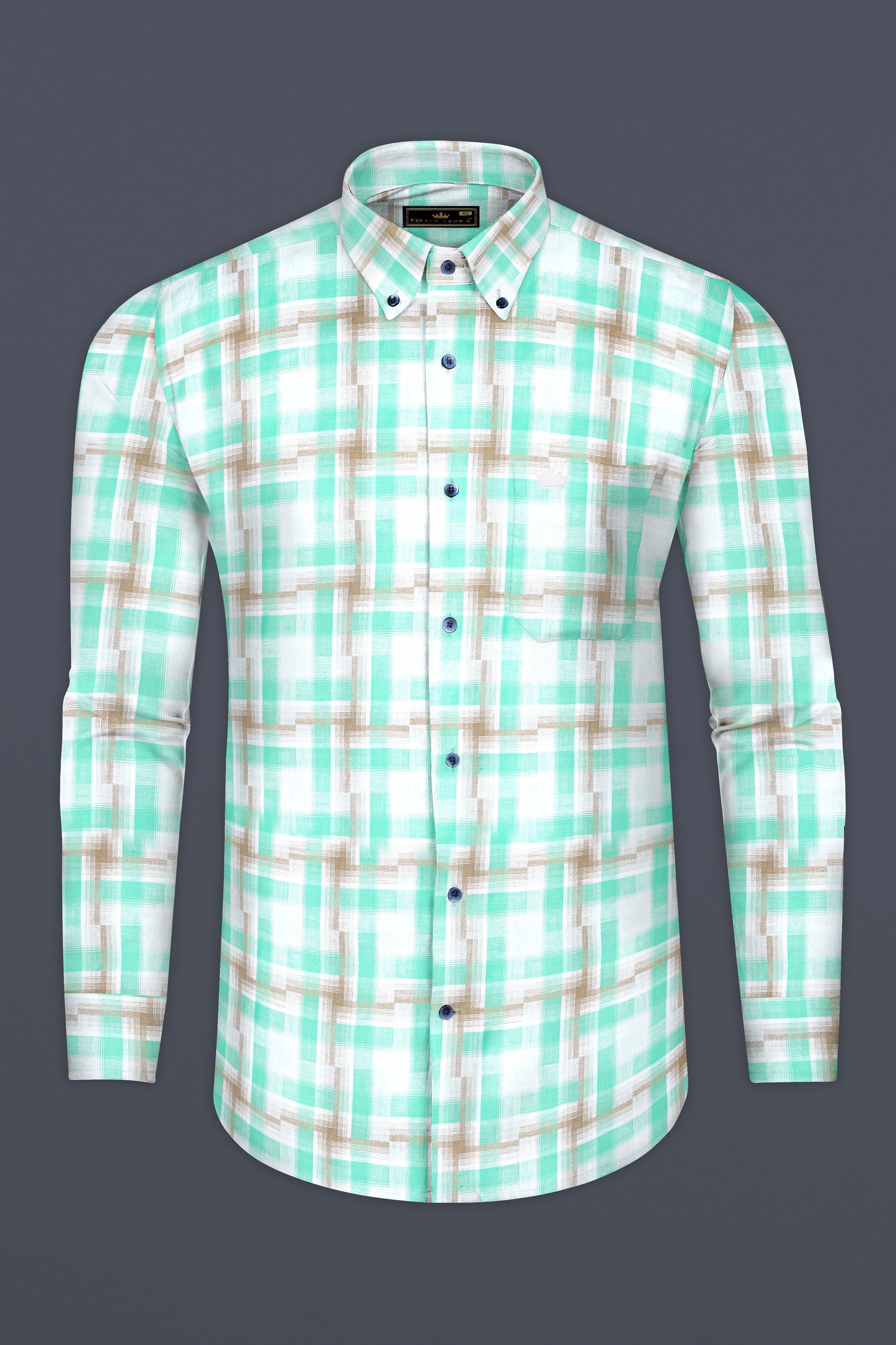 Bright White with Pavlova Brown and Riptide Green Twill Plaid Premium Cotton Shirt