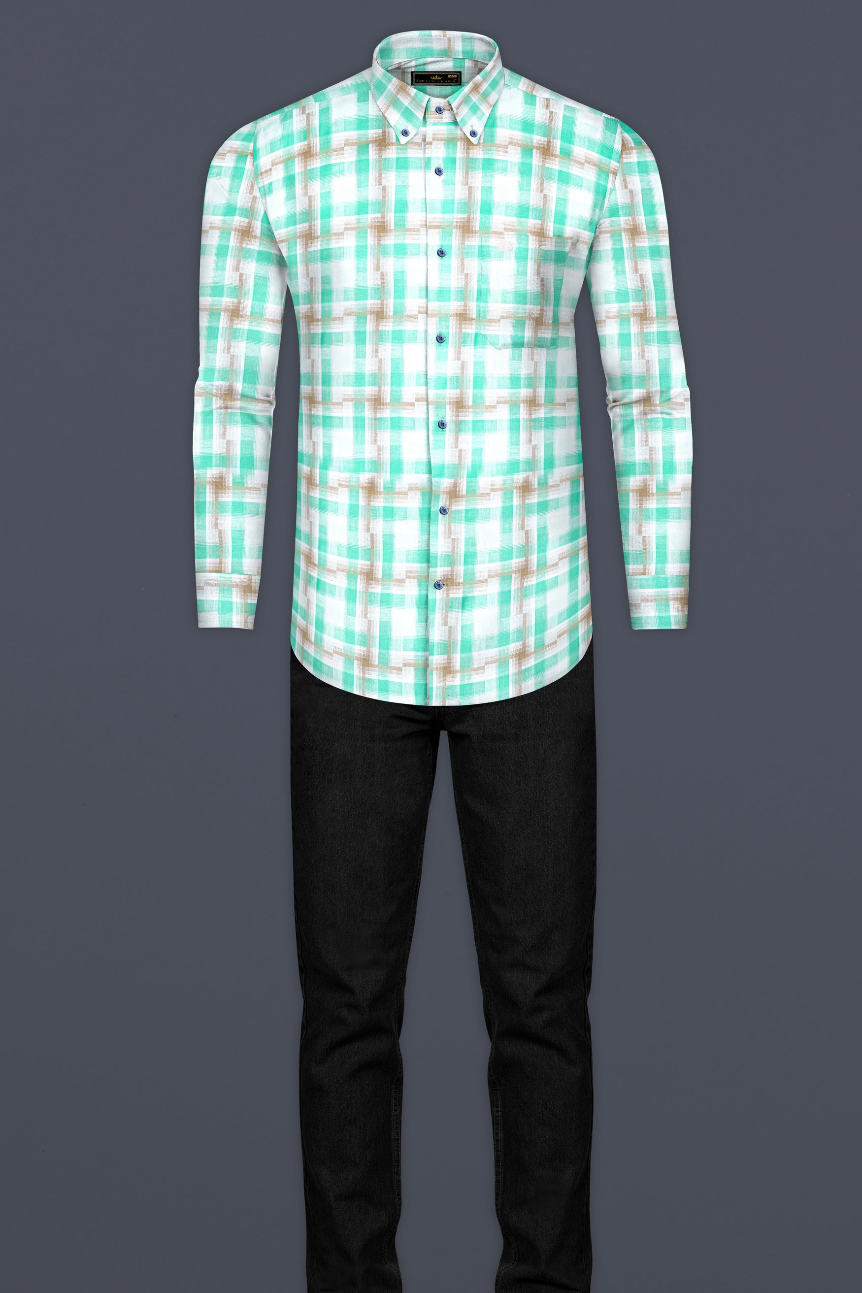 Bright White with Pavlova Brown and Riptide Green Twill Plaid Premium Cotton Shirt