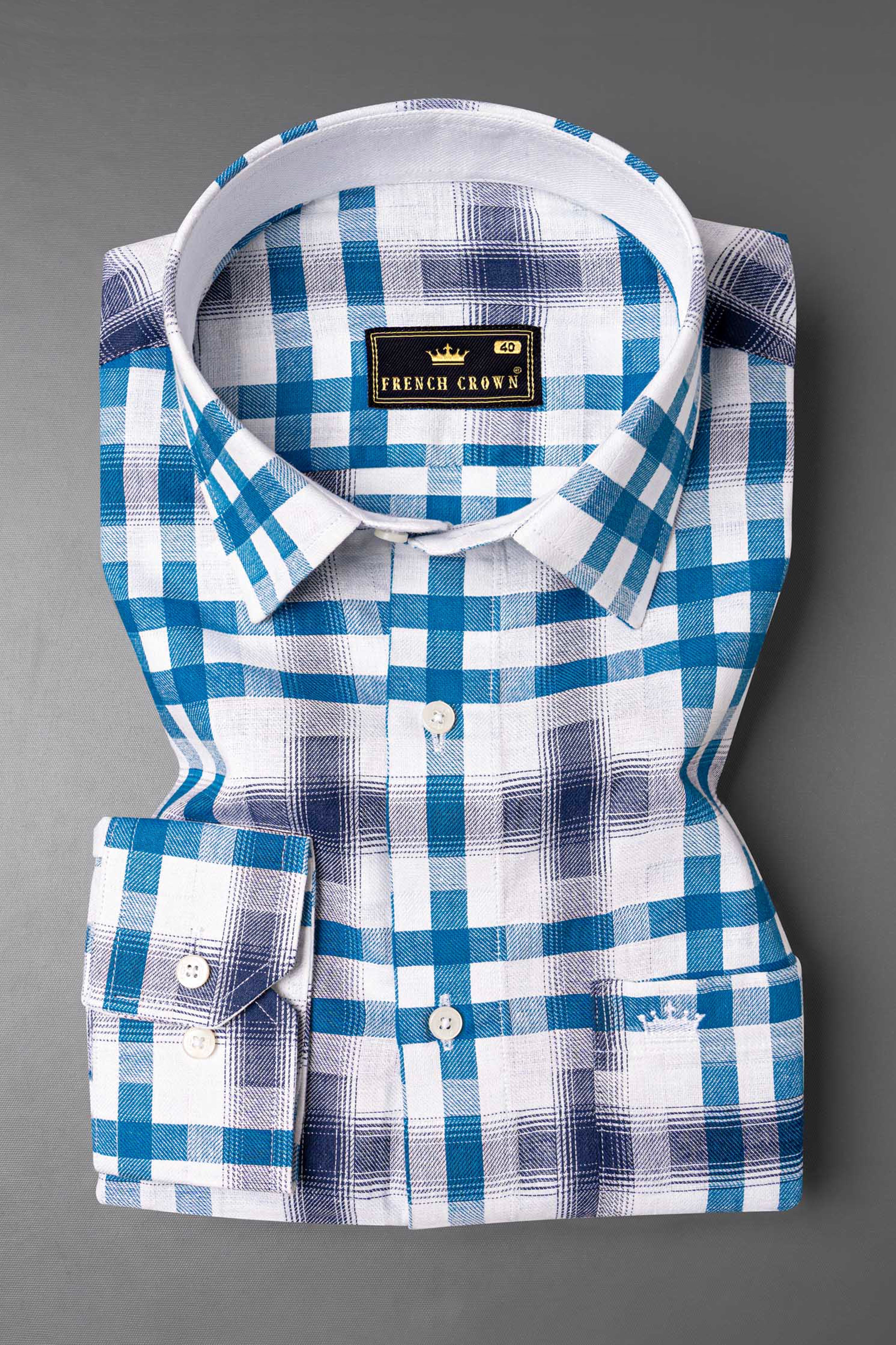 Bright White with Madison Blue Checkered Twill Premium Cotton Shirt