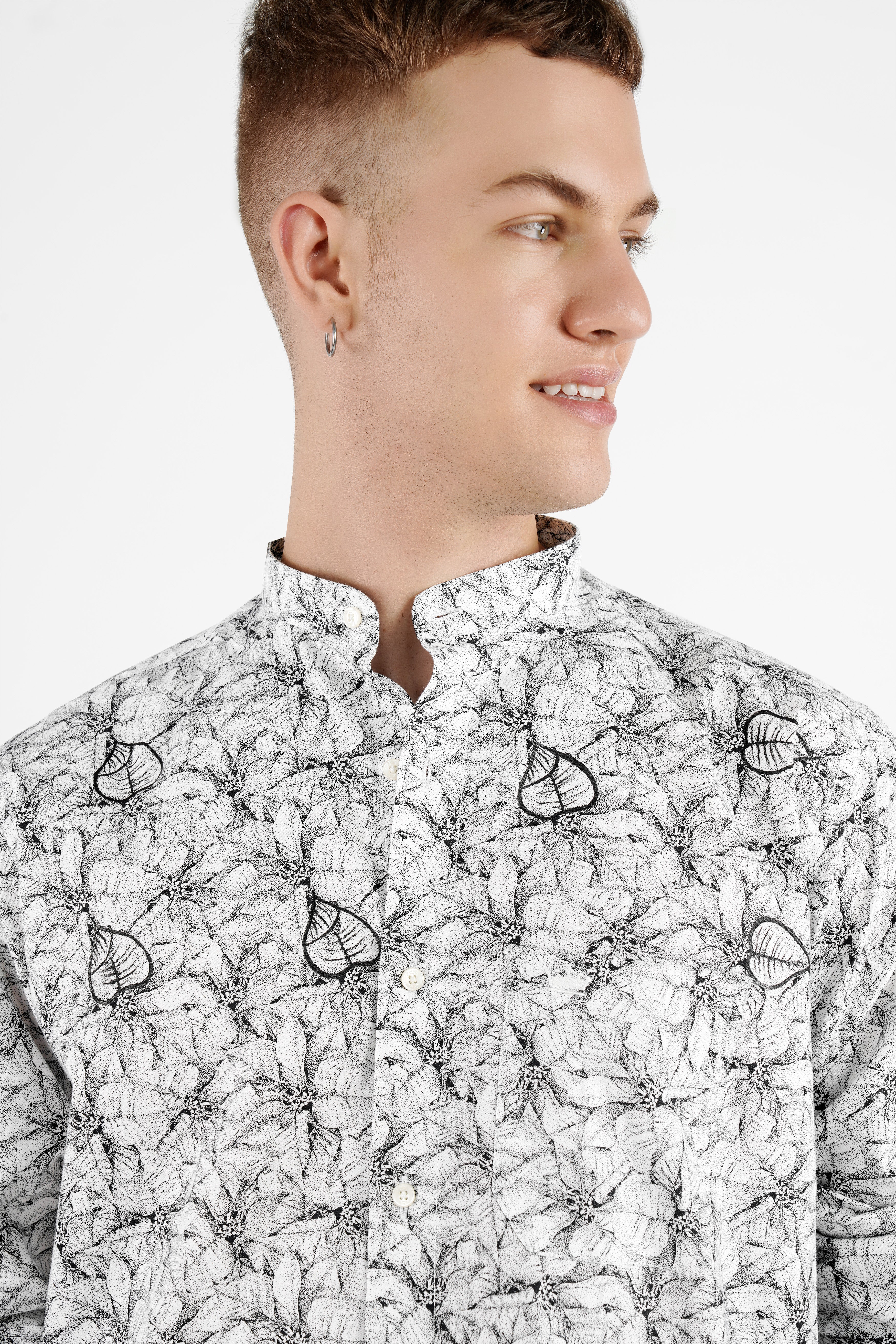 Bright White with Black Leaves Hand Painted Twill Premium Cotton Designer Shirt