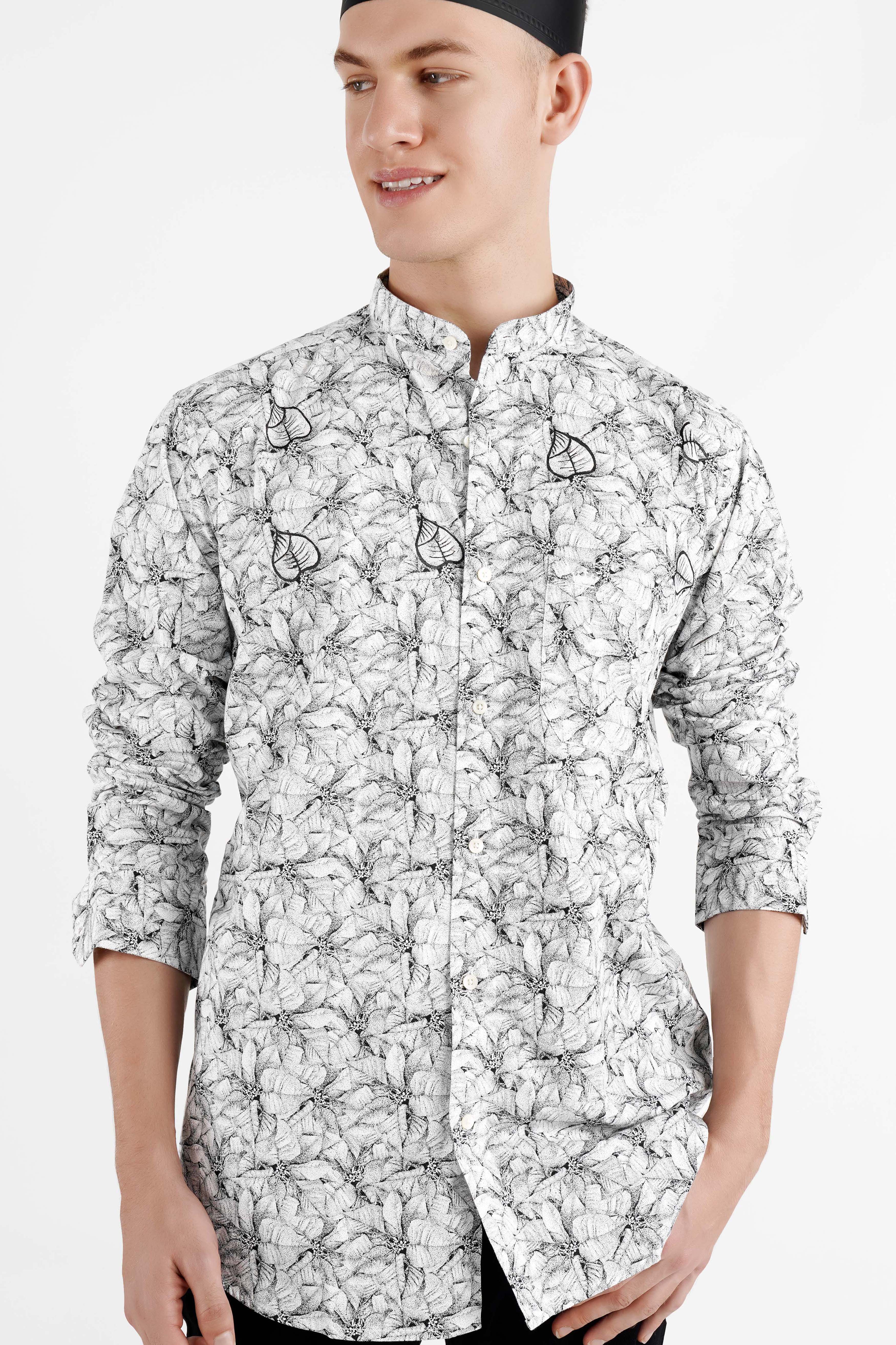 Bright White with Black Leaves Hand Painted Twill Premium Cotton Designer Shirt