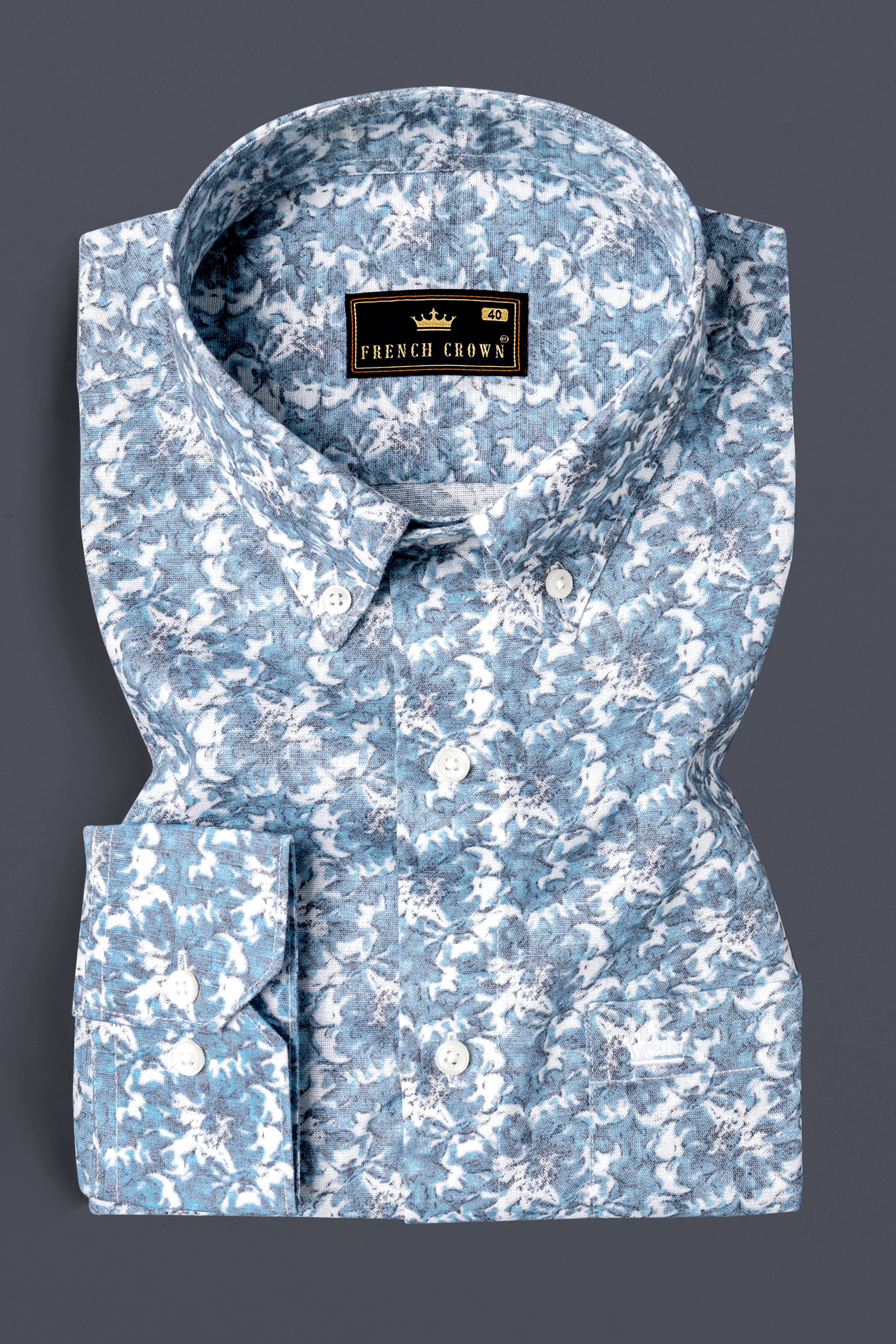 Bright White with Bali Hai Printed Luxurious Linen Shirt