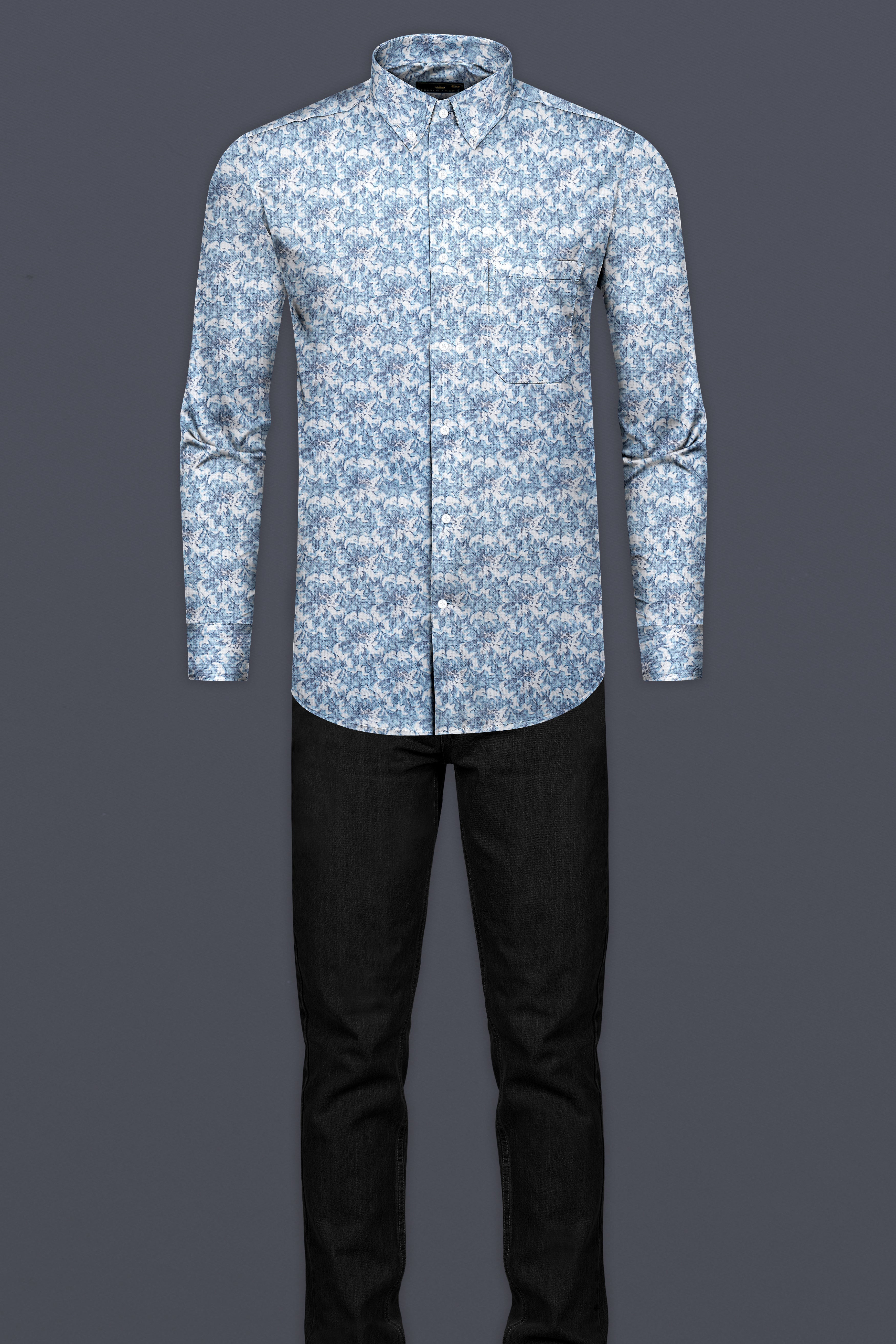 Bright White with Bali Hai Printed Luxurious Linen Shirt