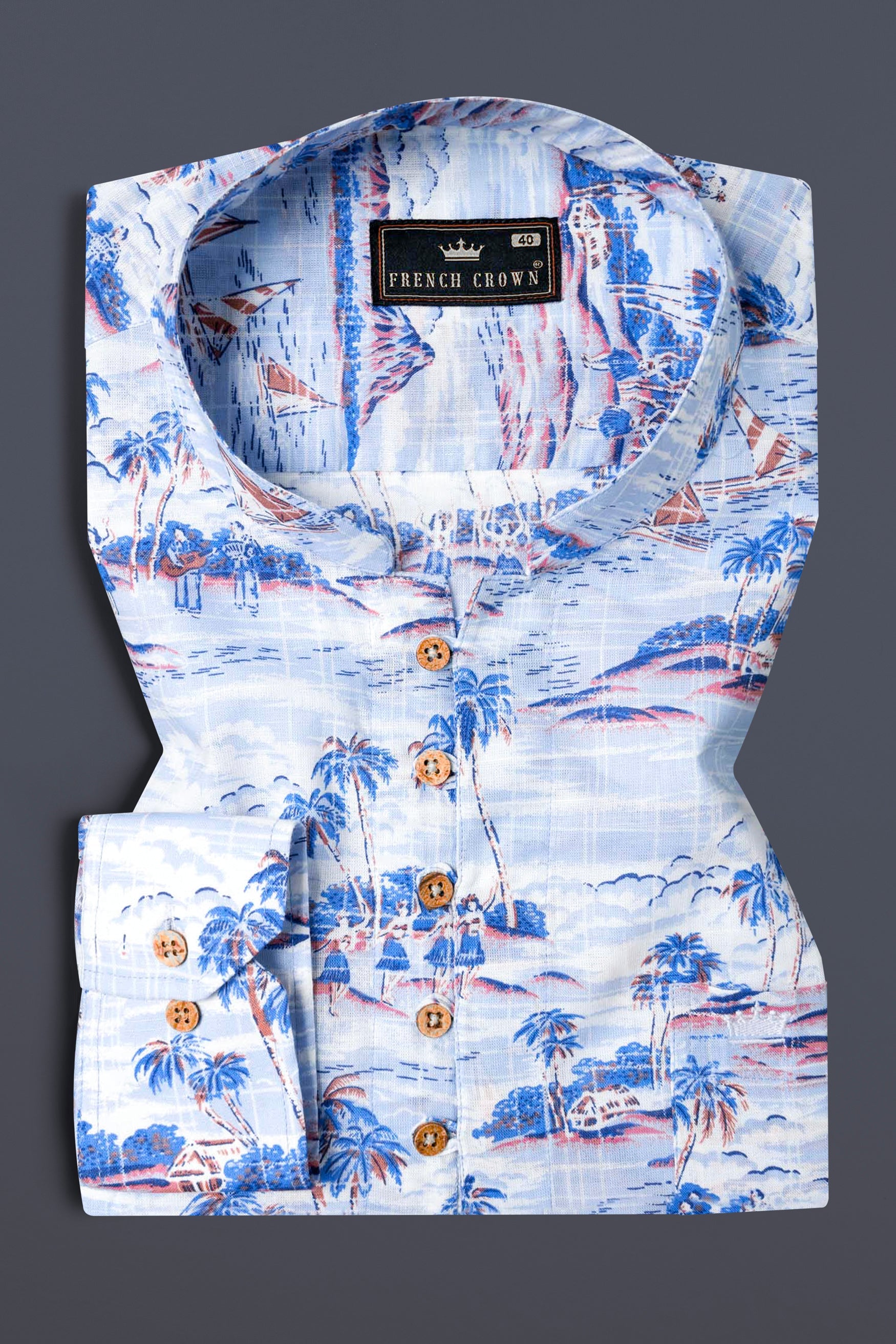 Hawkes and Havelock Blue Tropical Printed Luxurious Linen Kurta Shirt