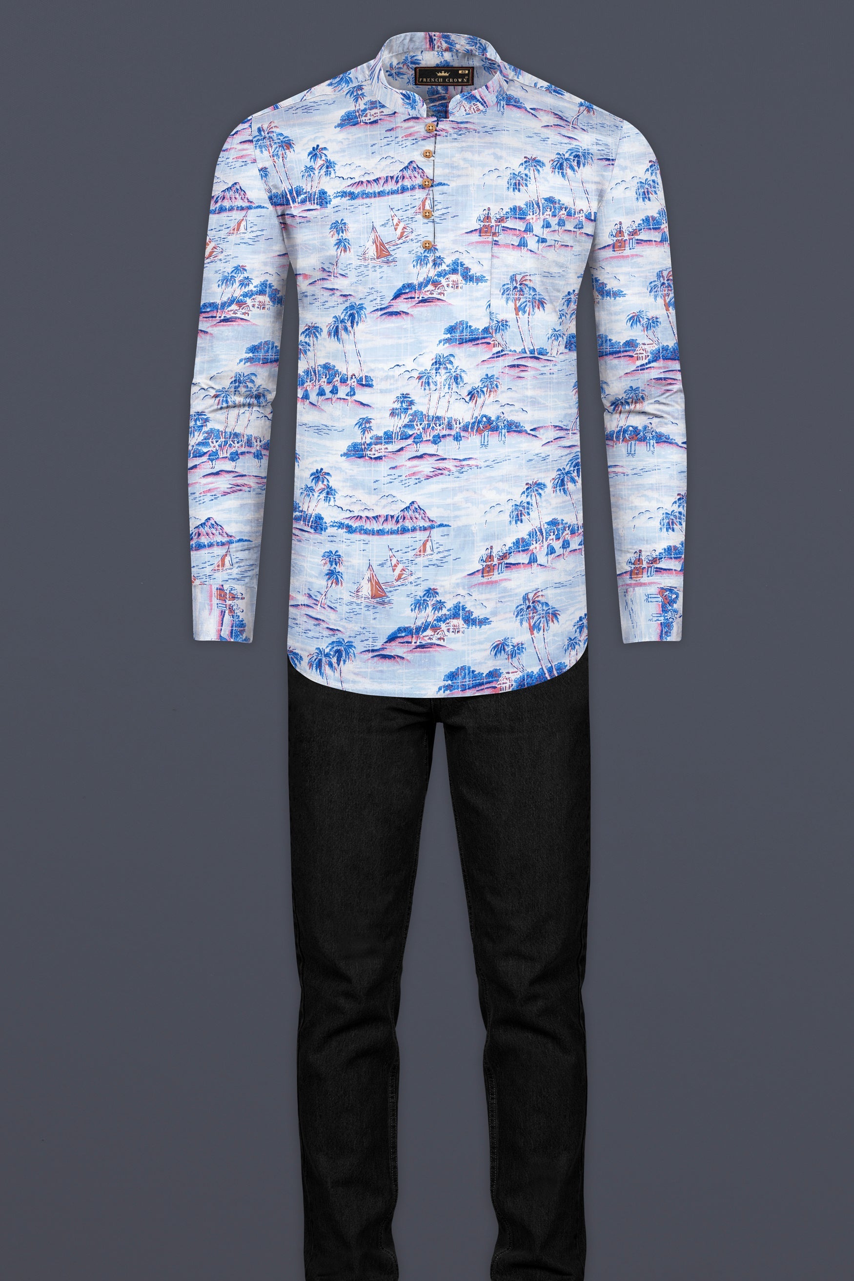 Hawkes and Havelock Blue Tropical Printed Luxurious Linen Kurta Shirt