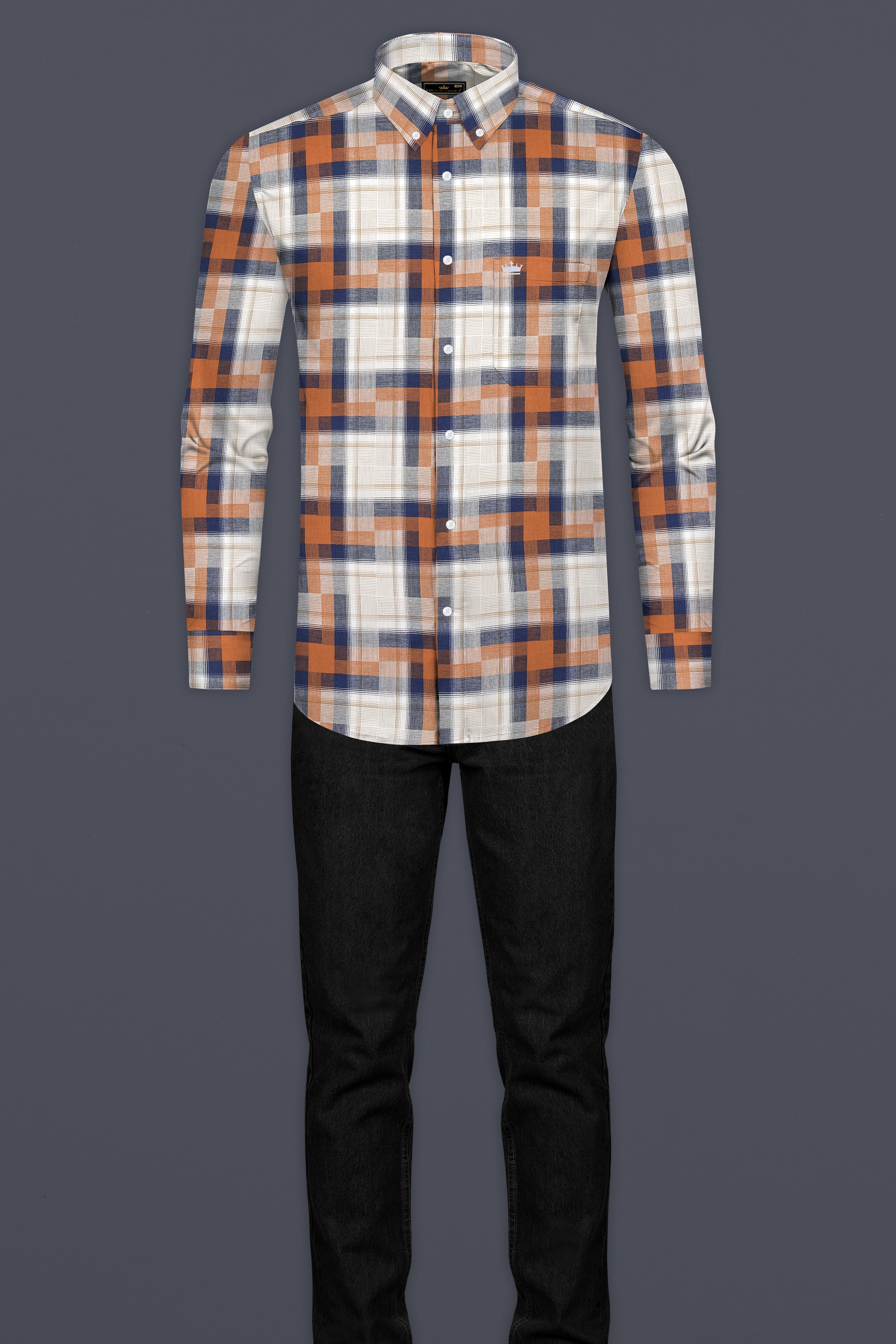 Jaffa and Big Stone Blue Twill Checkered Premium Cotton Shirt