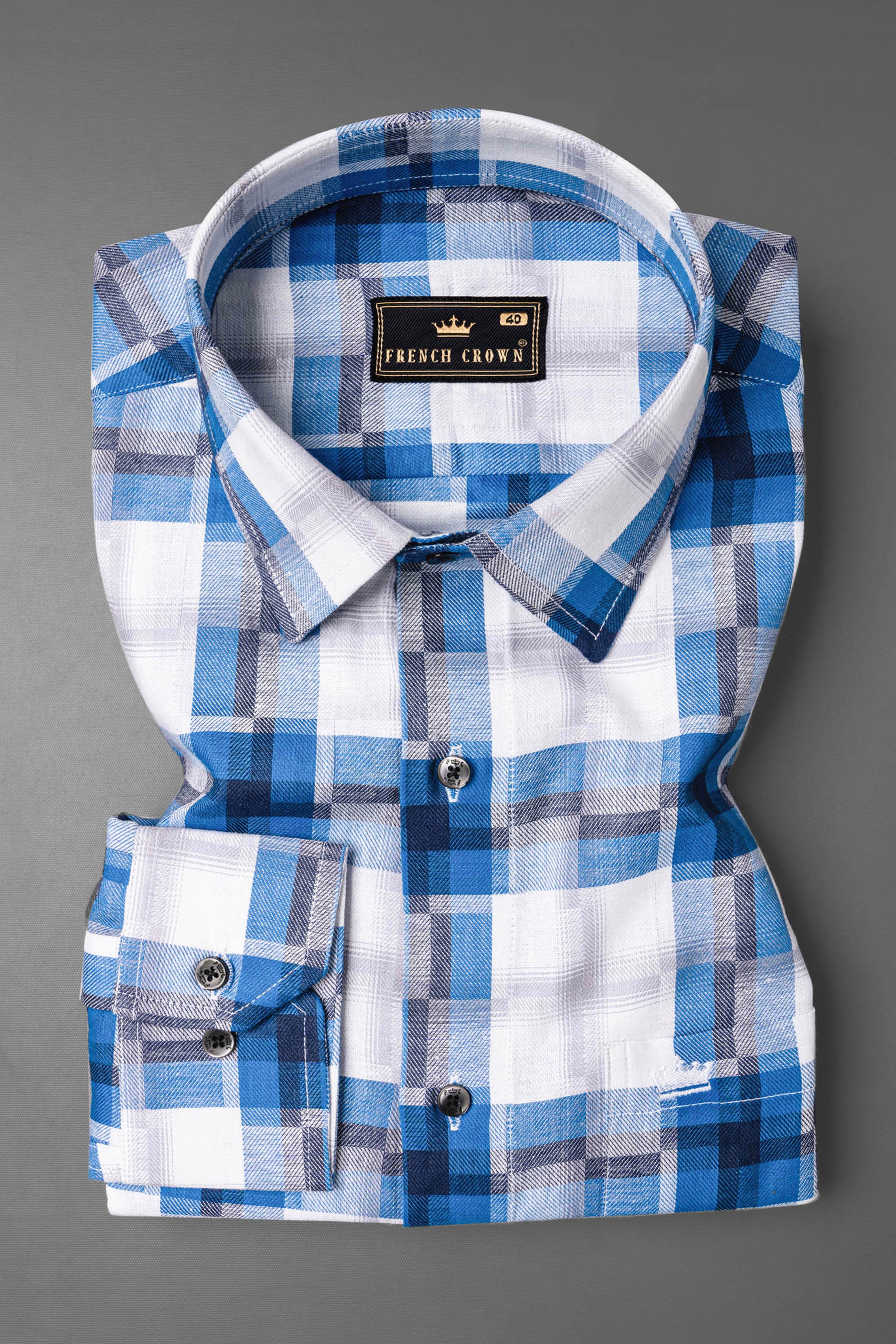 Bright white and Tory Blue Checkered Premium Cotton Shirt