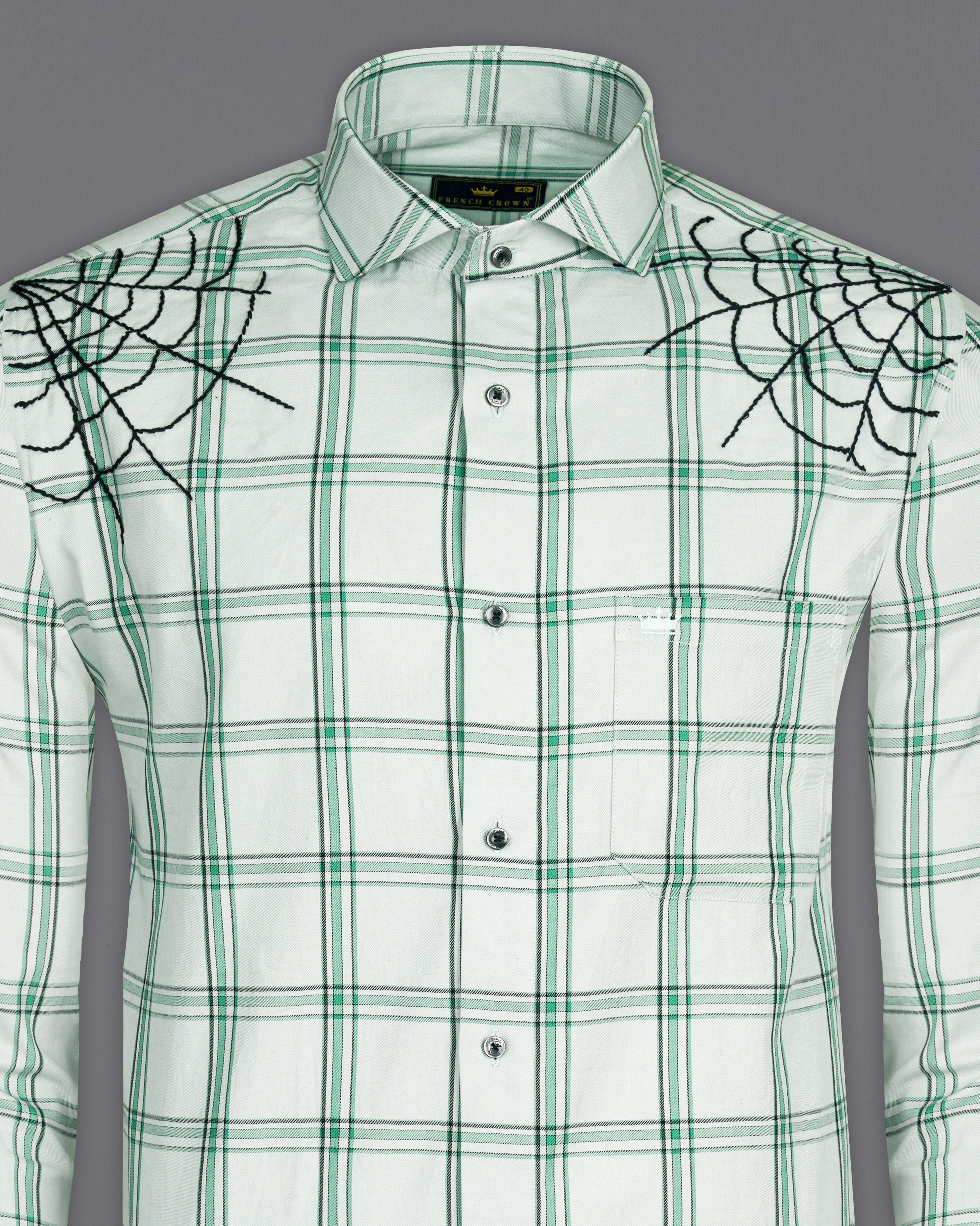 Iron Gray With Green Twill Checkered Premium Cotton Web Hand Embroidered Designer Shirt 6351-CA-BLK-EH063-38, 6351-CA-BLK-EH063-H-38, 6351-CA-BLK-EH063-39, 6351-CA-BLK-EH063-H-39, 6351-CA-BLK-EH063-40, 6351-CA-BLK-EH063-H-40, 6351-CA-BLK-EH063-42, 6351-CA-BLK-EH063-H-42, 6351-CA-BLK-EH063-44, 6351-CA-BLK-EH063-H-44, 6351-CA-BLK-EH063-46, 6351-CA-BLK-EH063-H-46, 6351-CA-BLK-EH063-48, 6351-CA-BLK-EH063-H-48, 6351-CA-BLK-EH063-50, 6351-CA-BLK-EH063-H-50, 6351-CA-BLK-EH063-52, 6351-CA-BLK-EH063-H-52