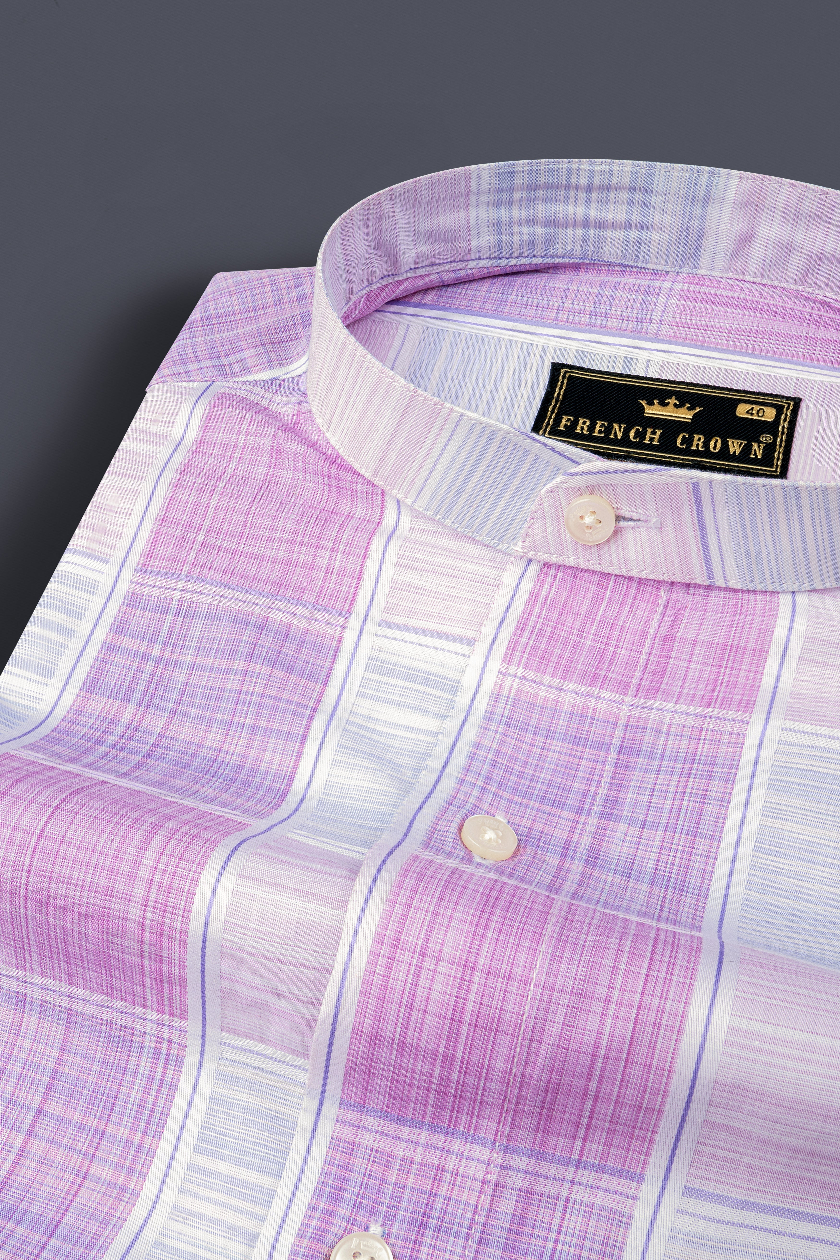 Bright White with Pale Magenta Windowpane Premium Cotton Shirt