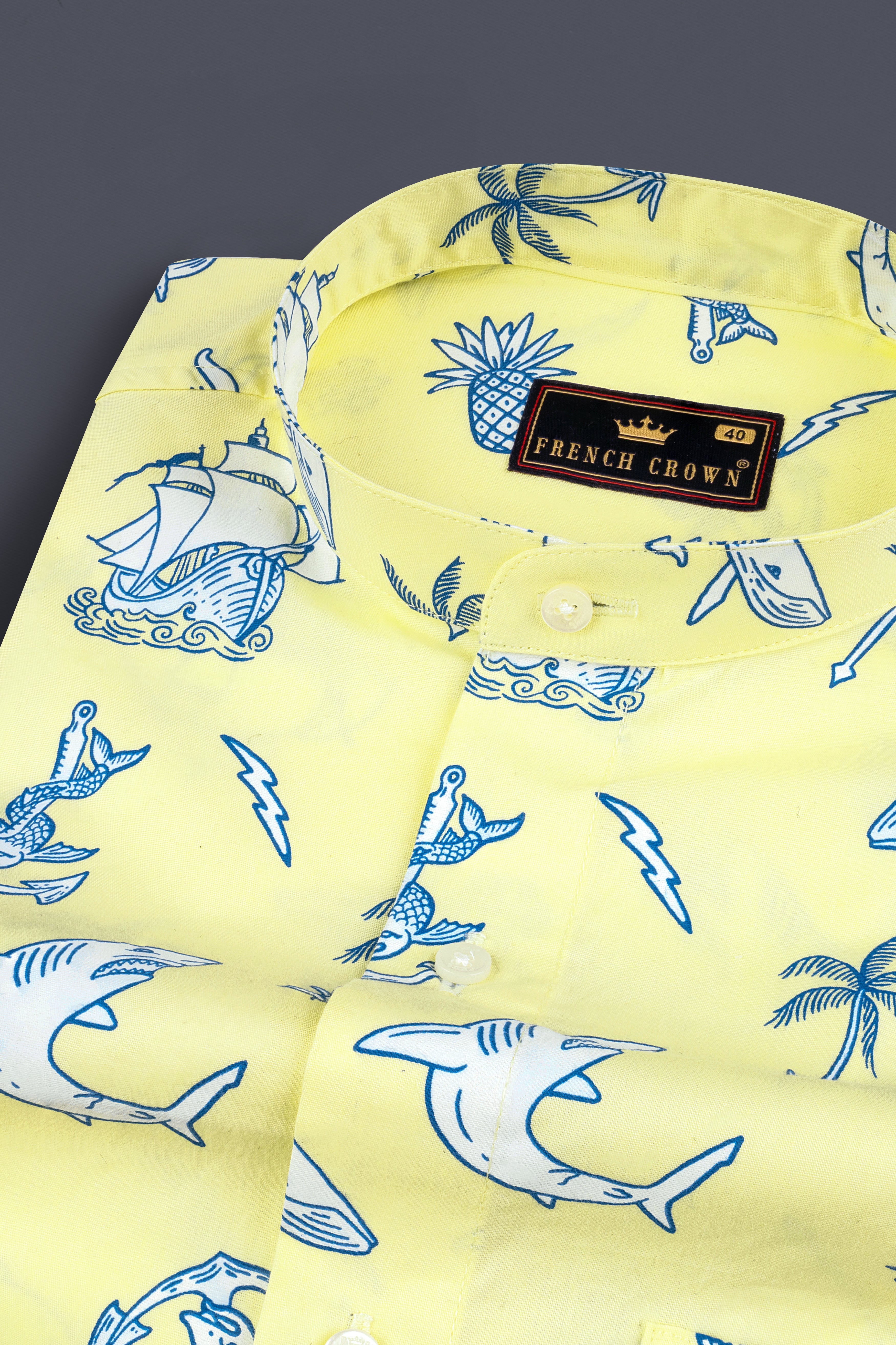 Shalimar Yellow Aqua Life Printed Twill Textured Premium Cotton Shirt