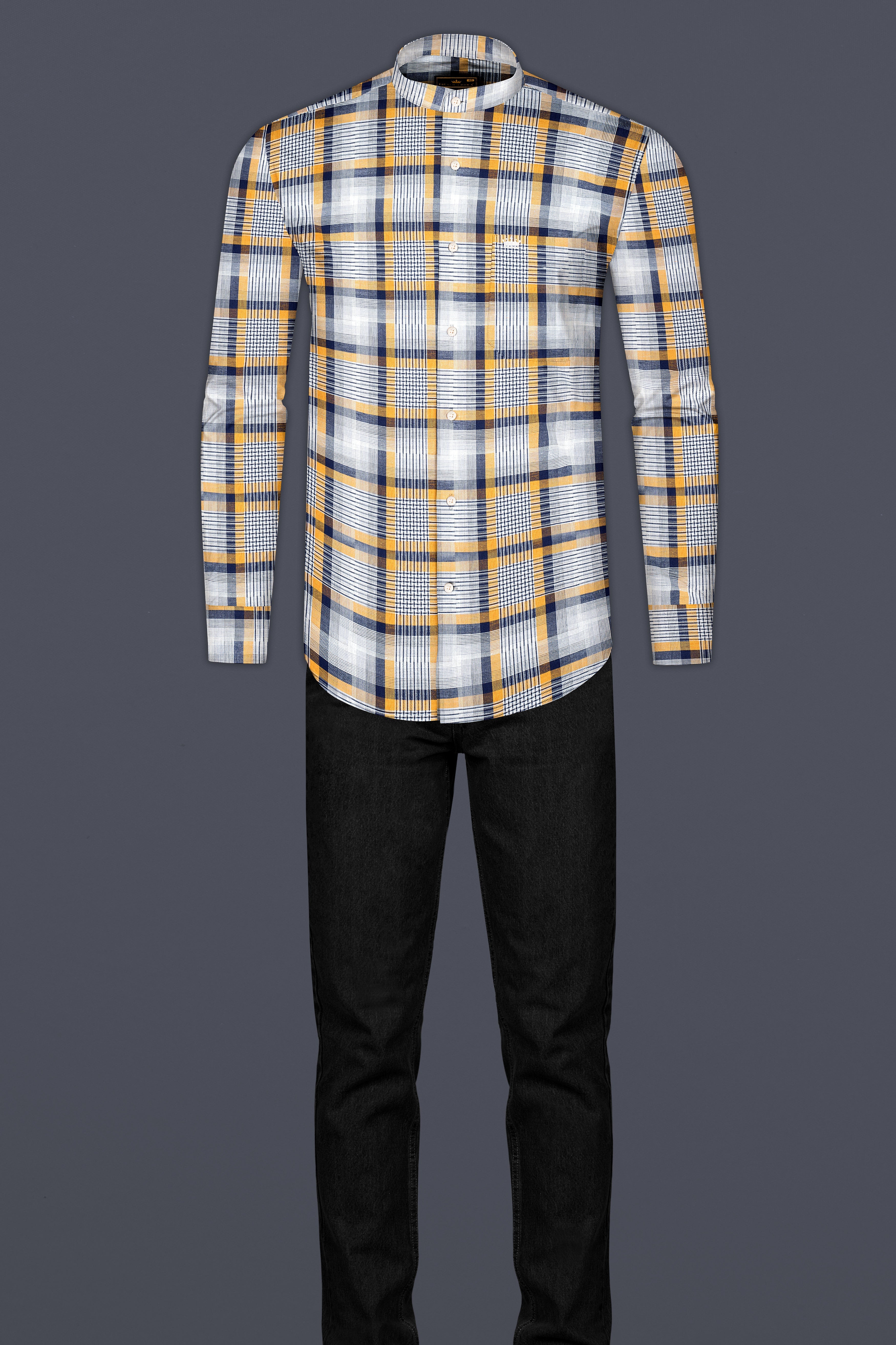 Sunglow with Rhino Blue Twill Plaid Premium Cotton Shirt