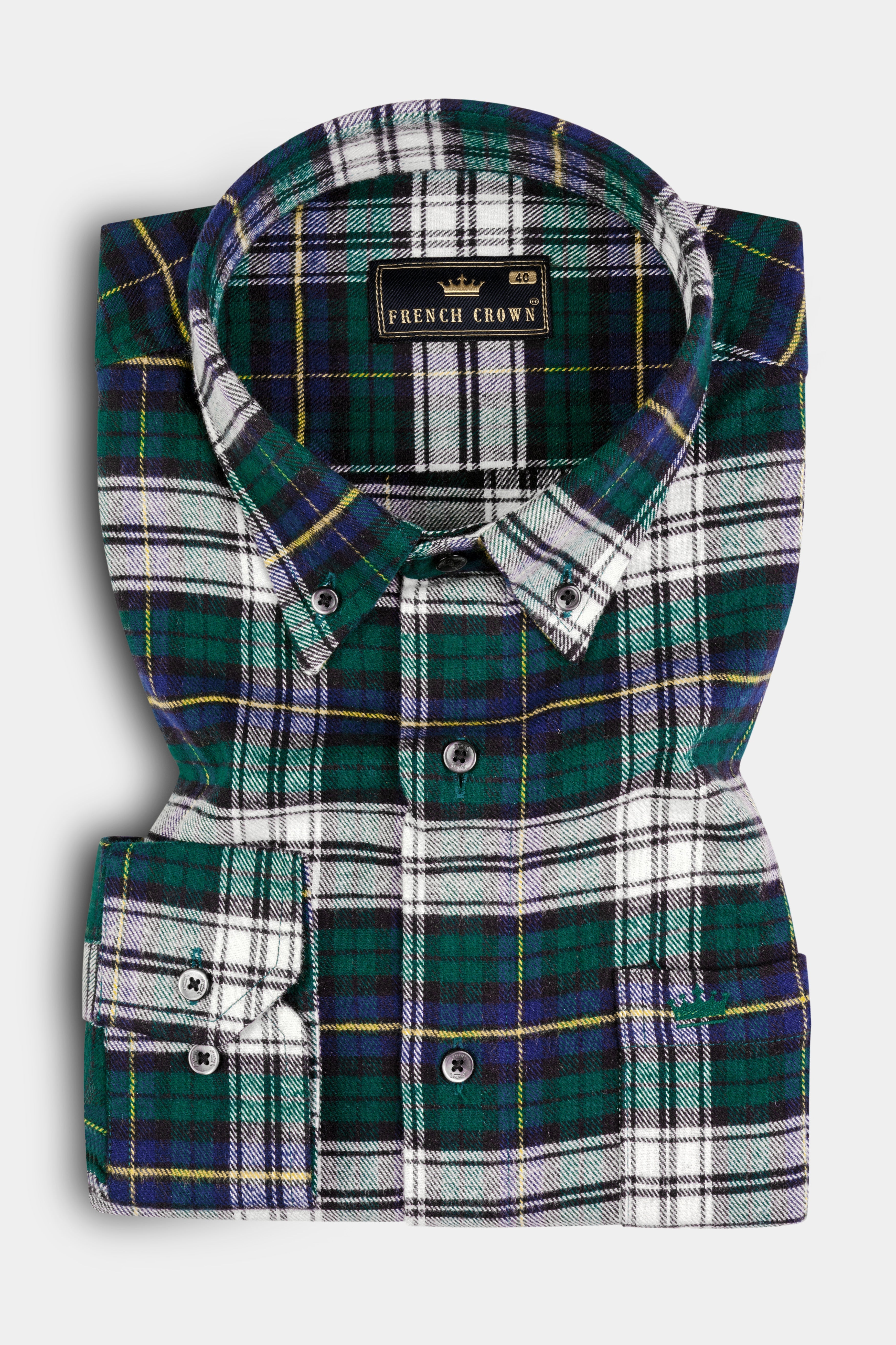 Bright White with Spruce Green Heavyweight Plaid Flannel Shirt