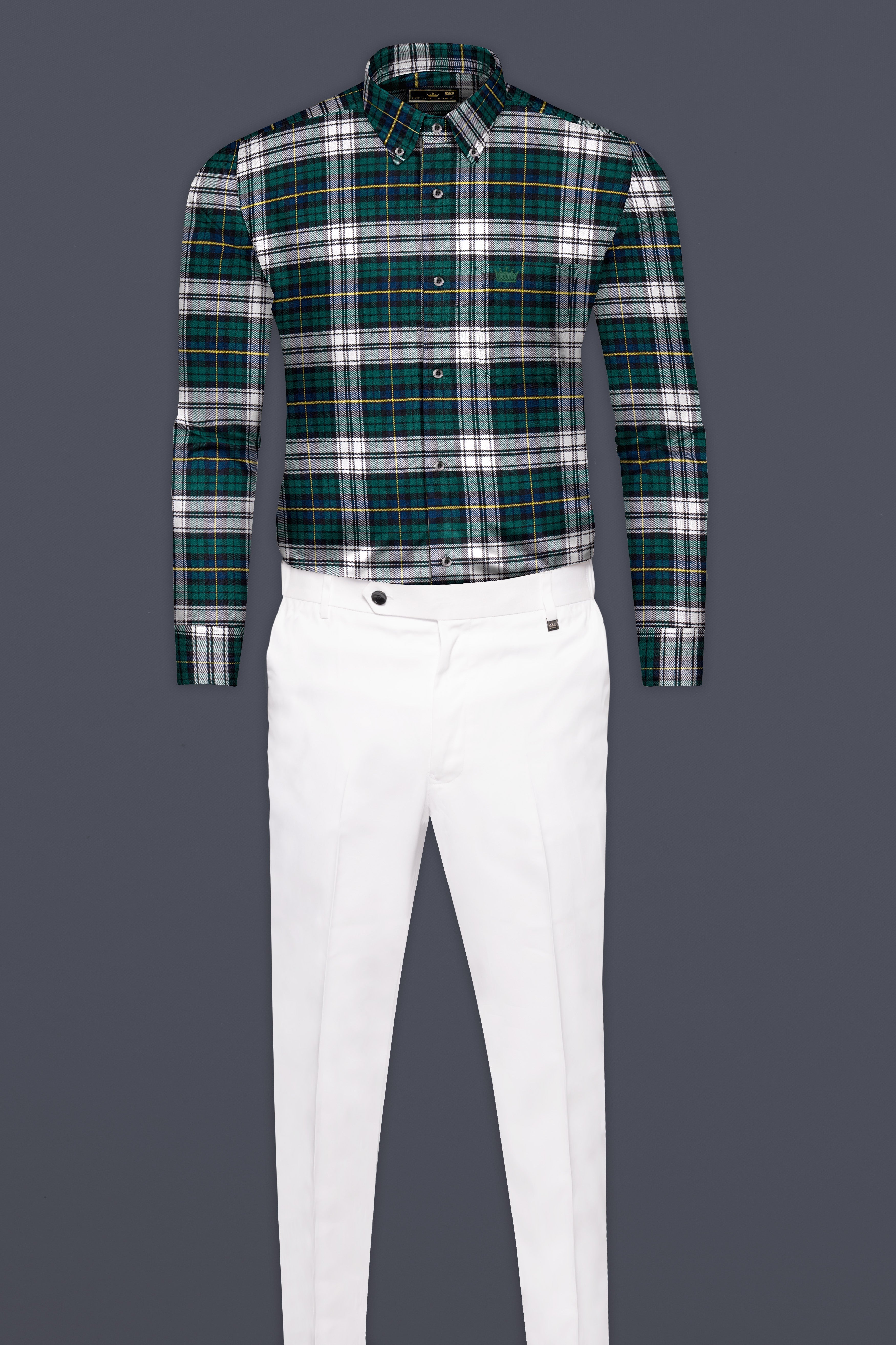 Bright White with Spruce Green Heavyweight Plaid Flannel Shirt