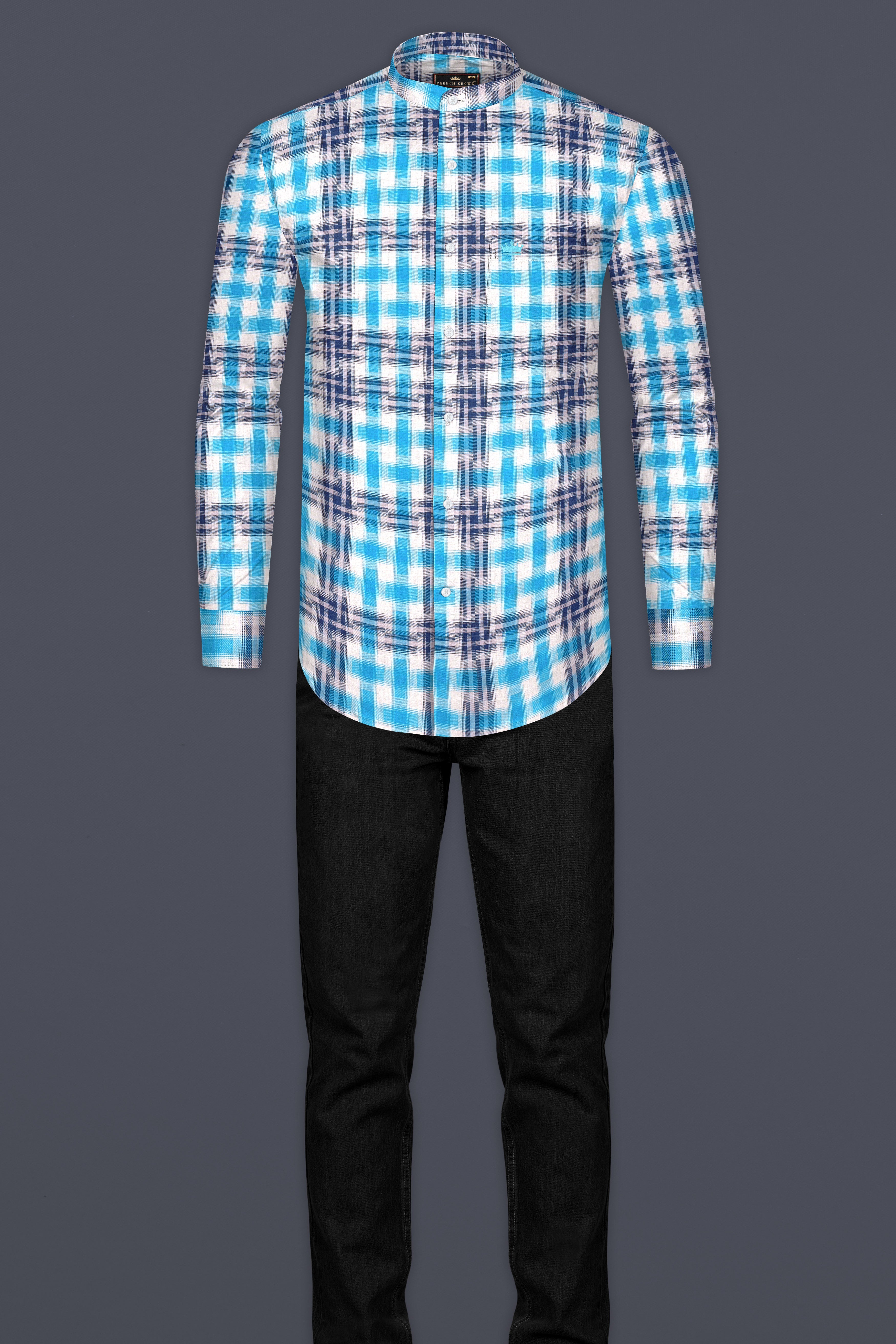 Sky with Rhino Blue Twill Plaid Premium Cotton Shirt