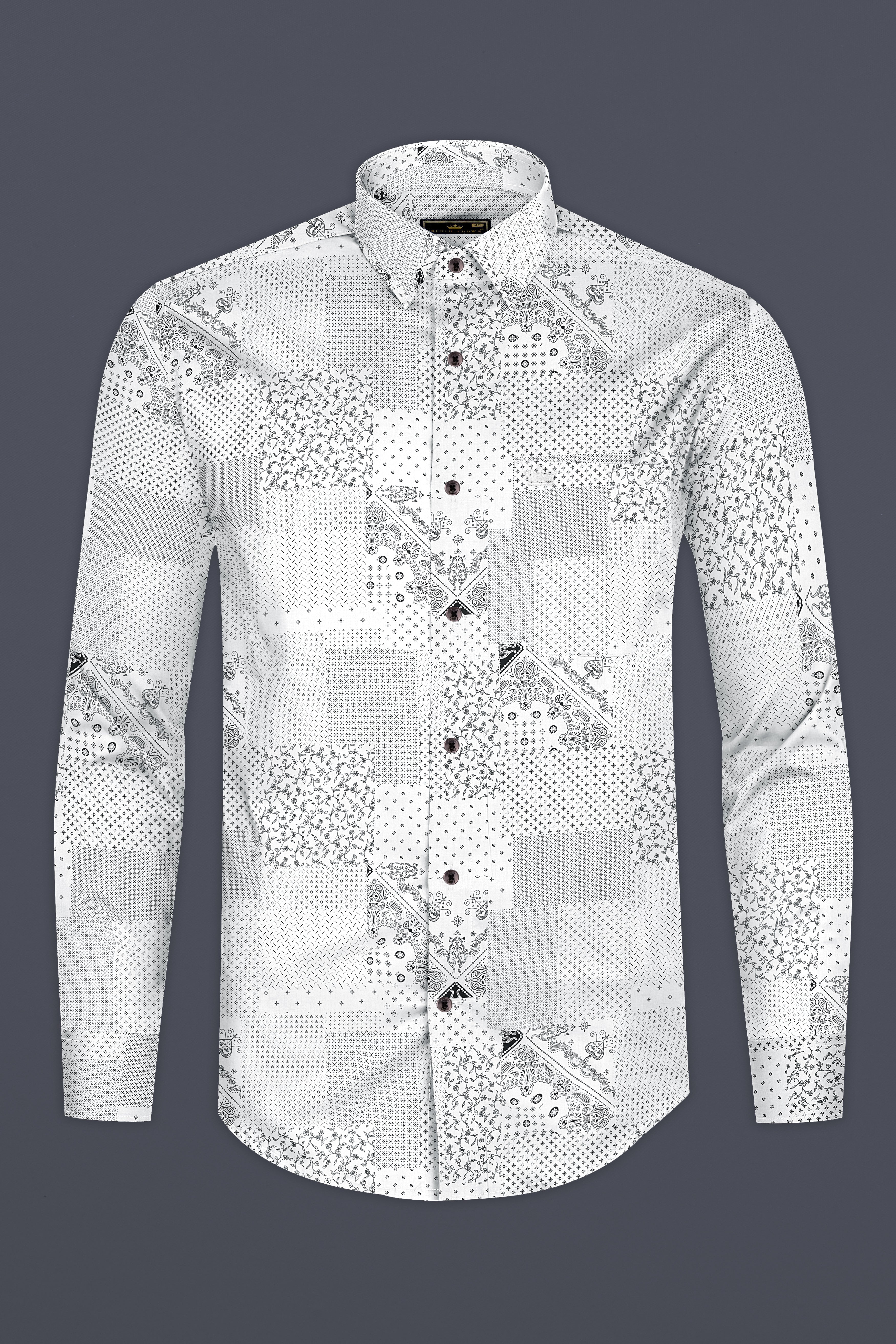 Bright White Square Shaped Paisleys and Flowers Printed Super Soft Premium Cotton Shirt