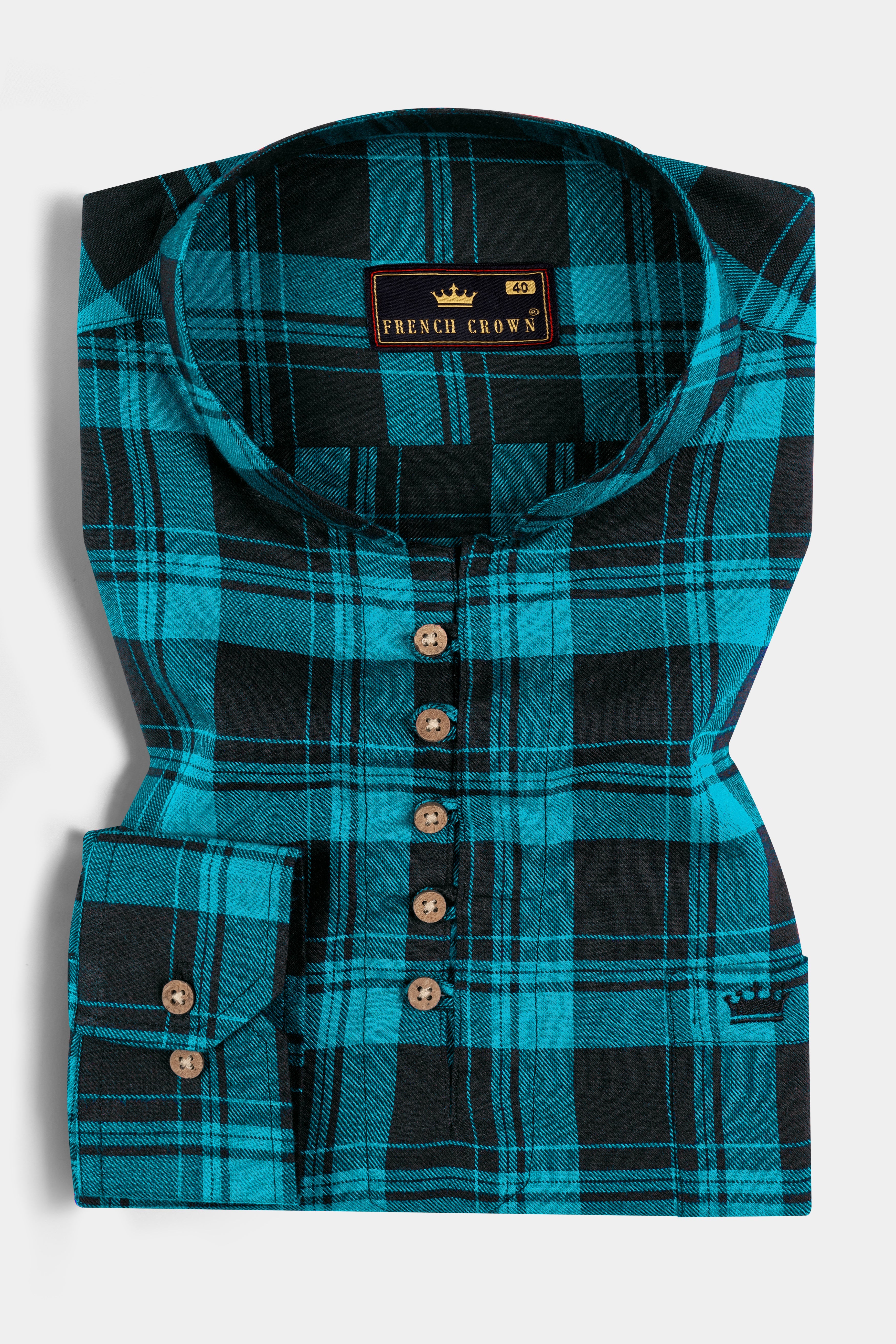 Robin Egg Blue With Jade Black Twill Checkered Premium Cotton Kurta Shirt