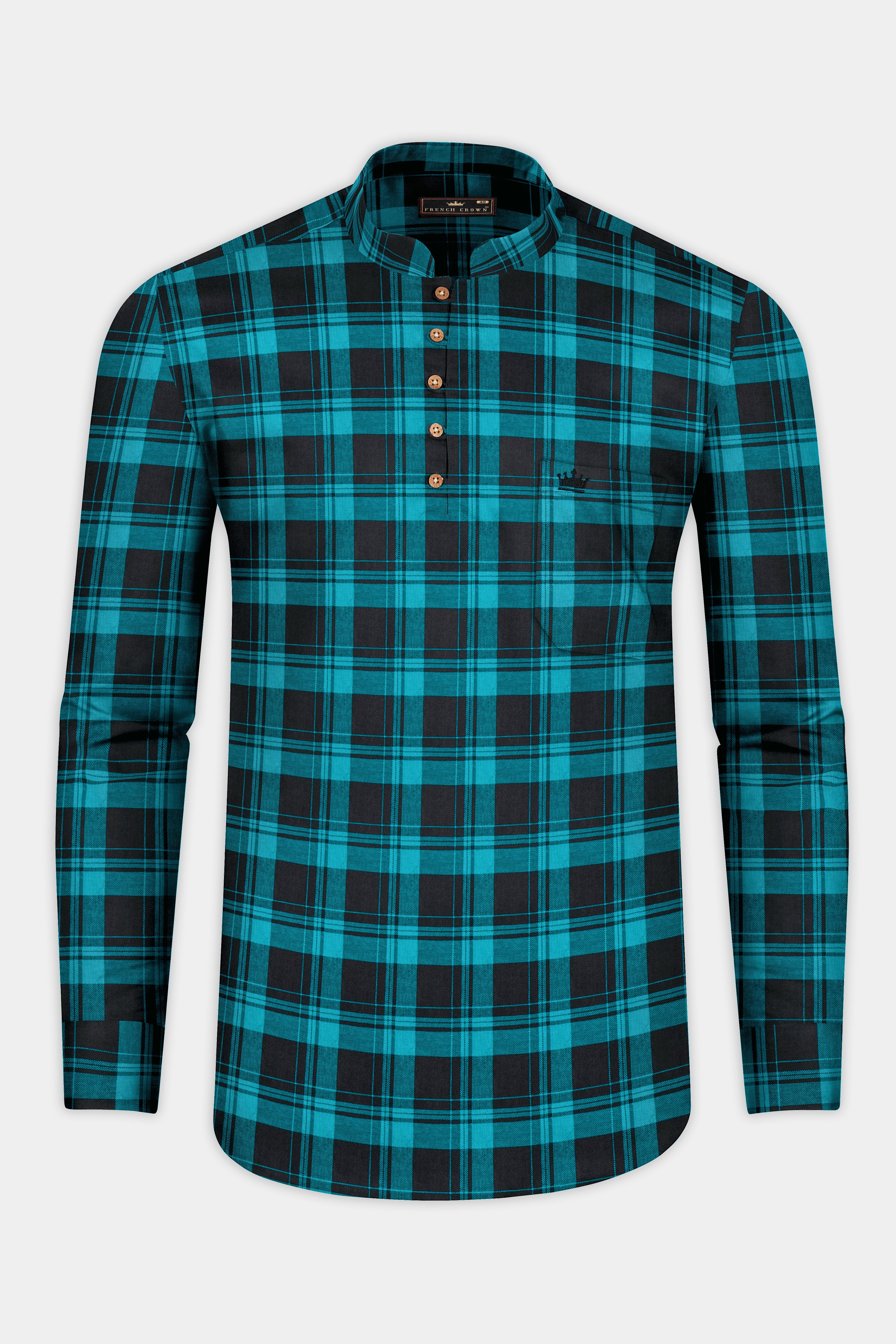 Robin Egg Blue With Jade Black Twill Checkered Premium Cotton Kurta Shirt