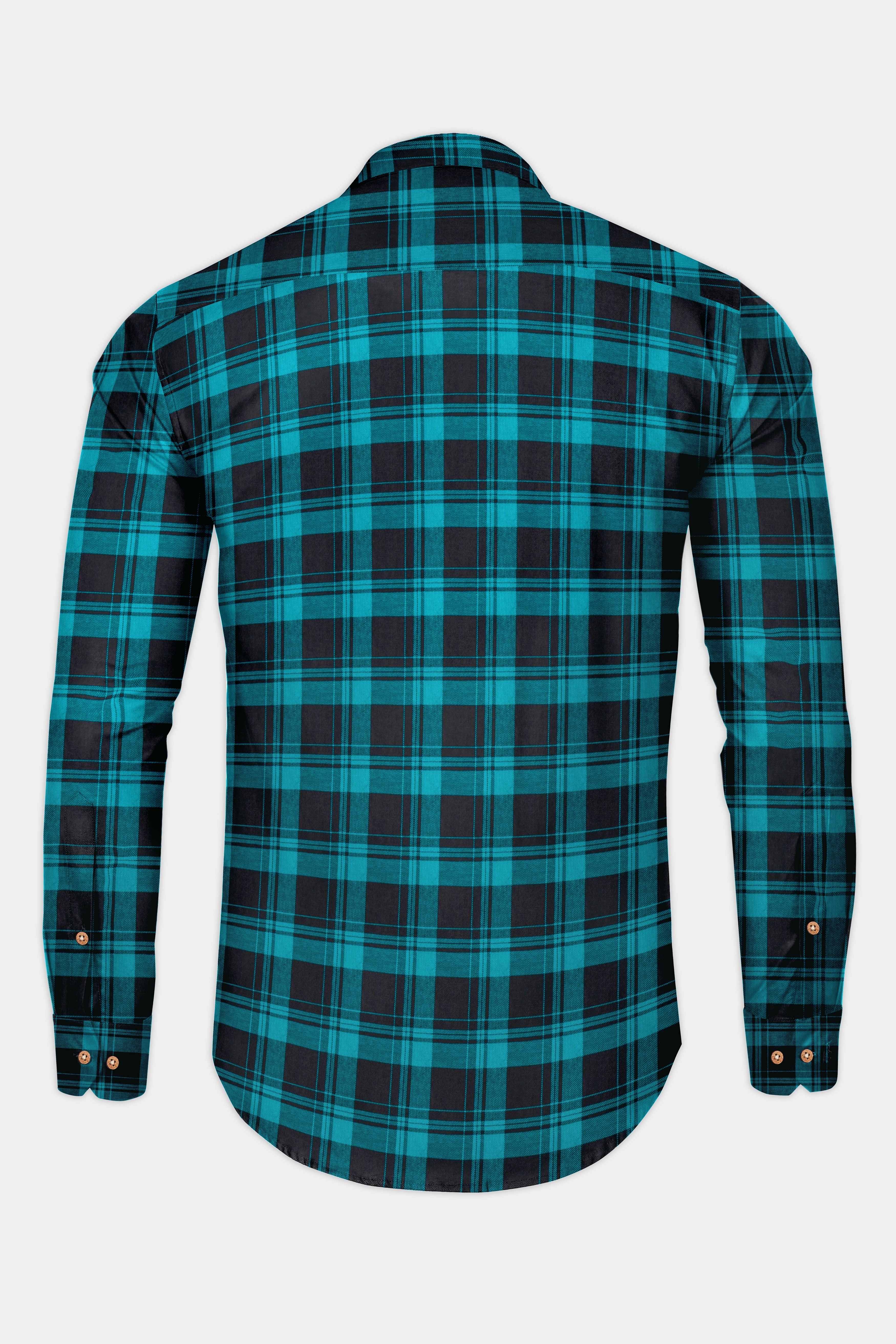 Robin Egg Blue With Jade Black Twill Checkered Premium Cotton Kurta Shirt