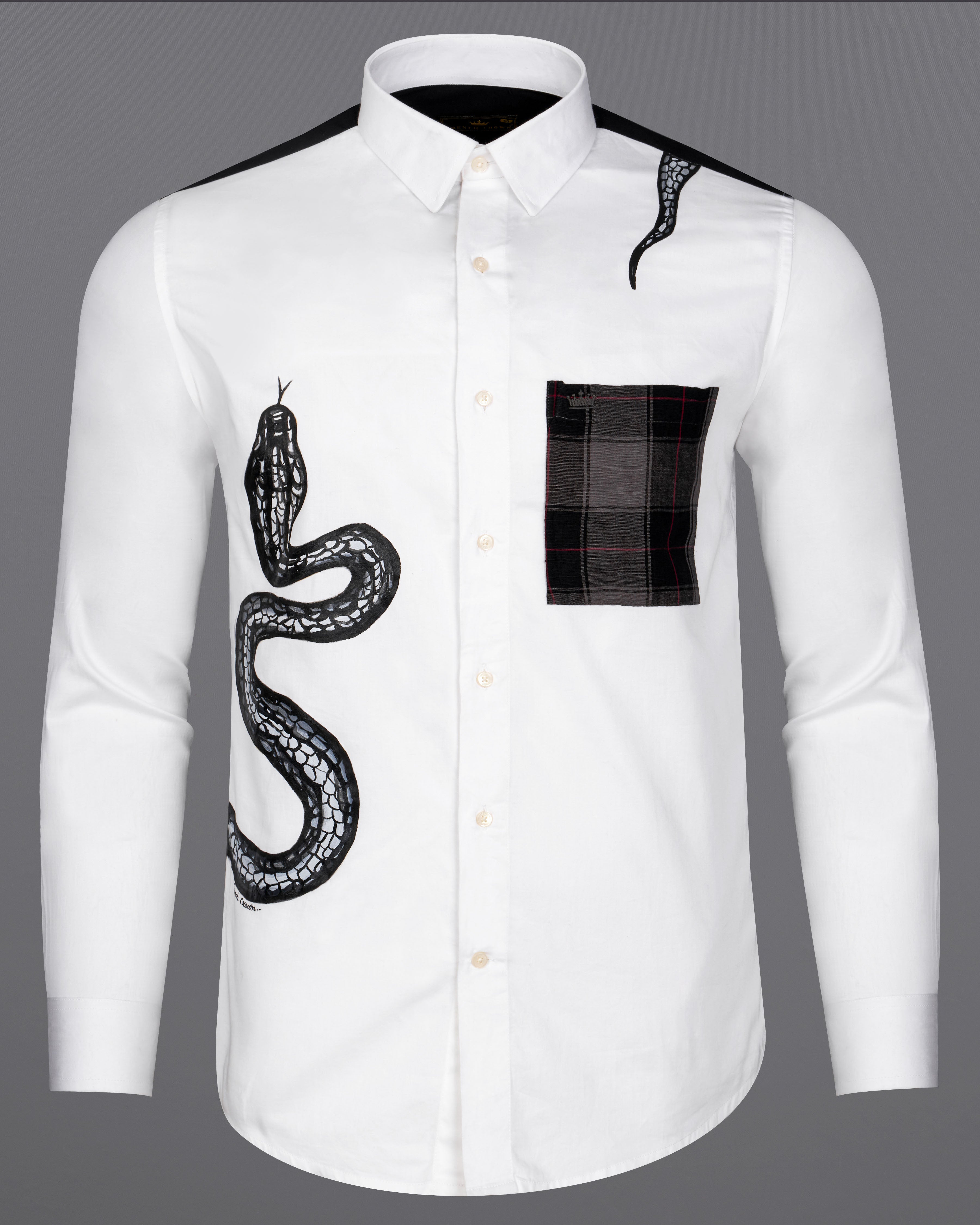 Bright White with Snake Hand Paninted and Plaid Super Soft Premium Cotton Designer Shirt 6571-ART-D20-38, 6571-ART-D20-H-38, 6571-ART-D20-39, 6571-ART-D20-H-39, 6571-ART-D20-40, 6571-ART-D20-H-40, 6571-ART-D20-42, 6571-ART-D20-H-42, 6571-ART-D20-44, 6571-ART-D20-H-44, 6571-ART-D20-46, 6571-ART-D20-H-46, 6571-ART-D20-48, 6571-ART-D20-H-48, 6571-ART-D20-50, 6571-ART-D20-H-50, 6571-ART-D20-52, 6571-ART-D20-H-52