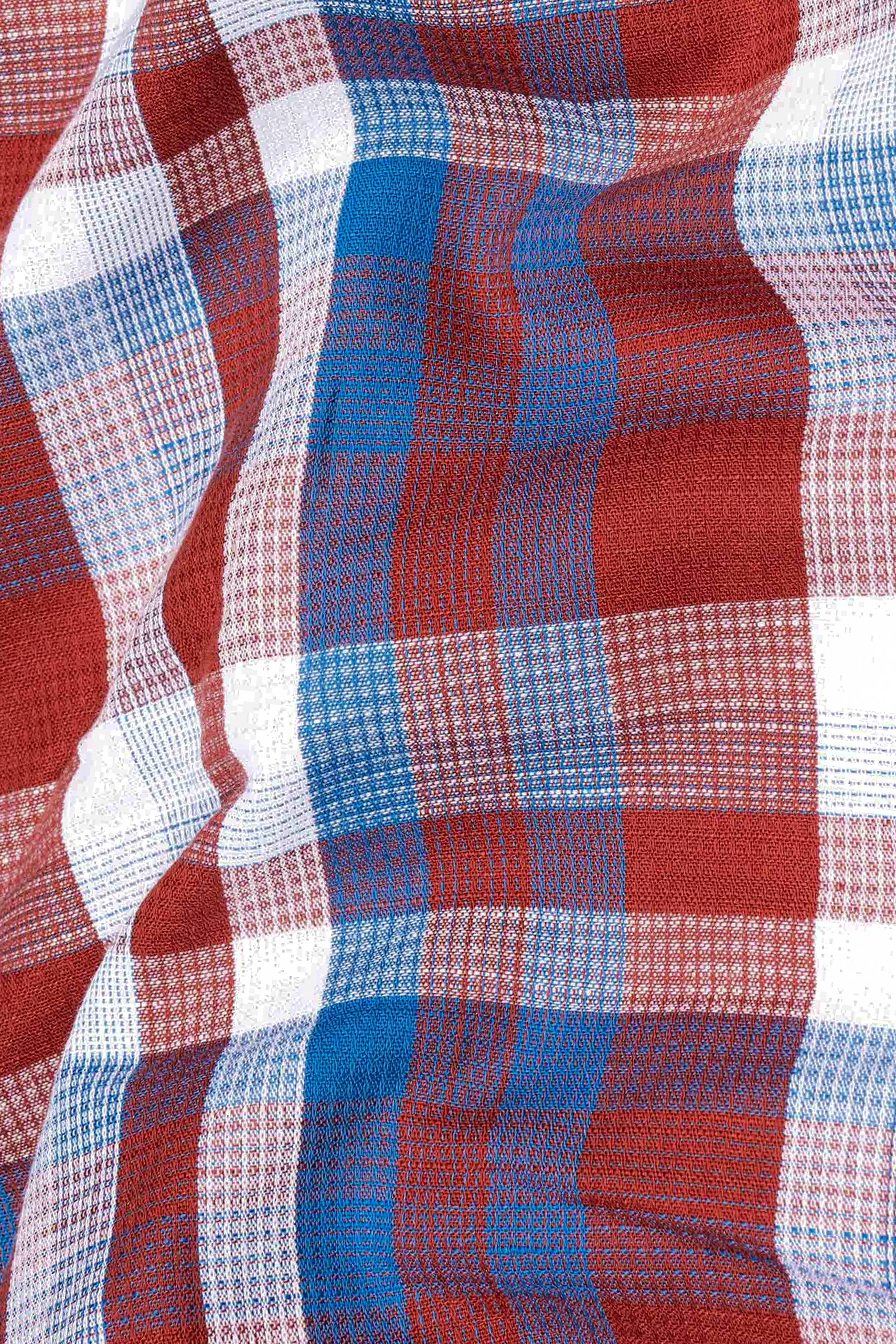 Chestnut Red and Venice Blue Plaid Dobby Textured Premium Giza Cotton Kurta Shirt