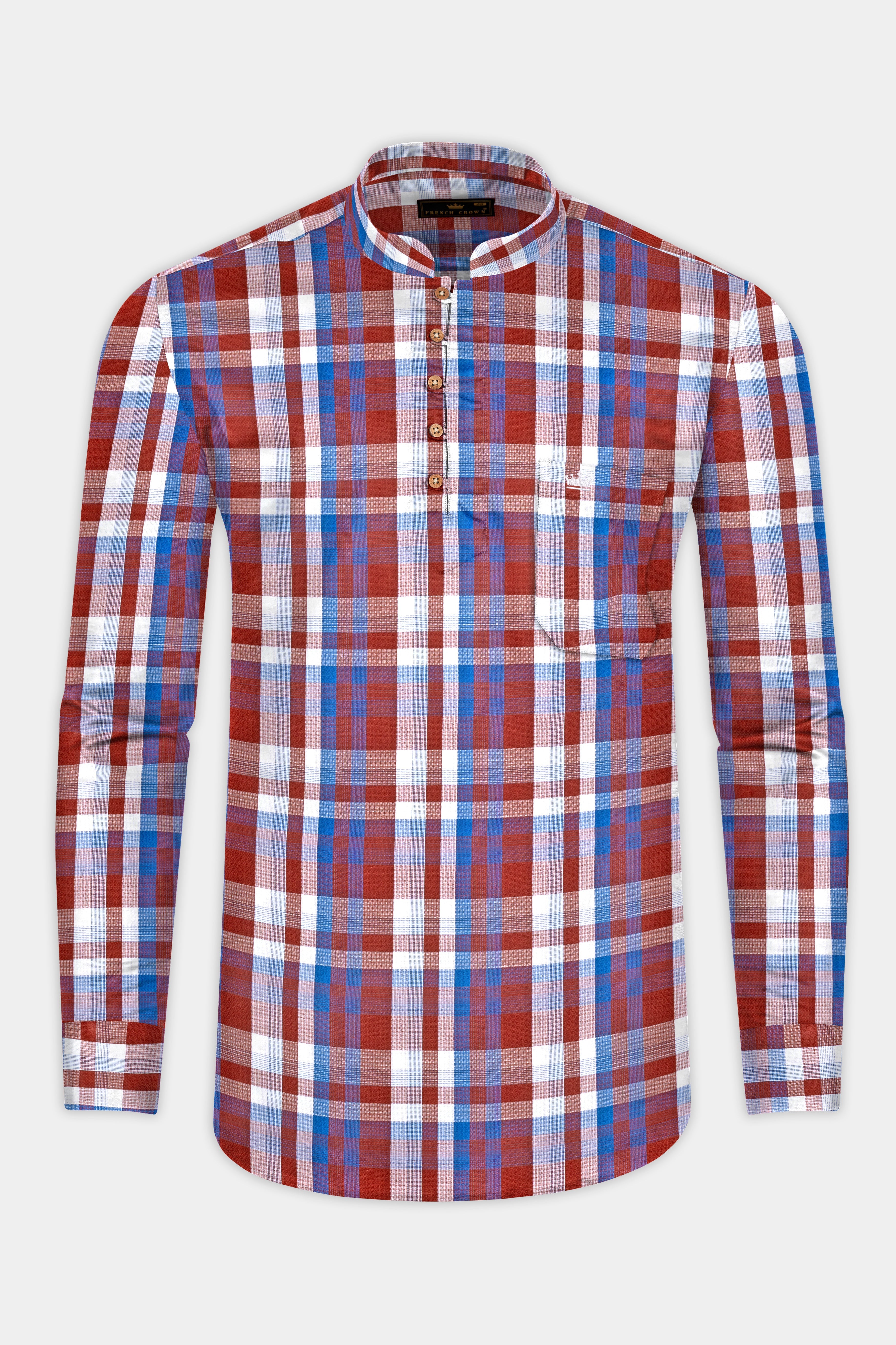 Chestnut Red and Venice Blue Plaid Dobby Textured Premium Giza Cotton Kurta Shirt