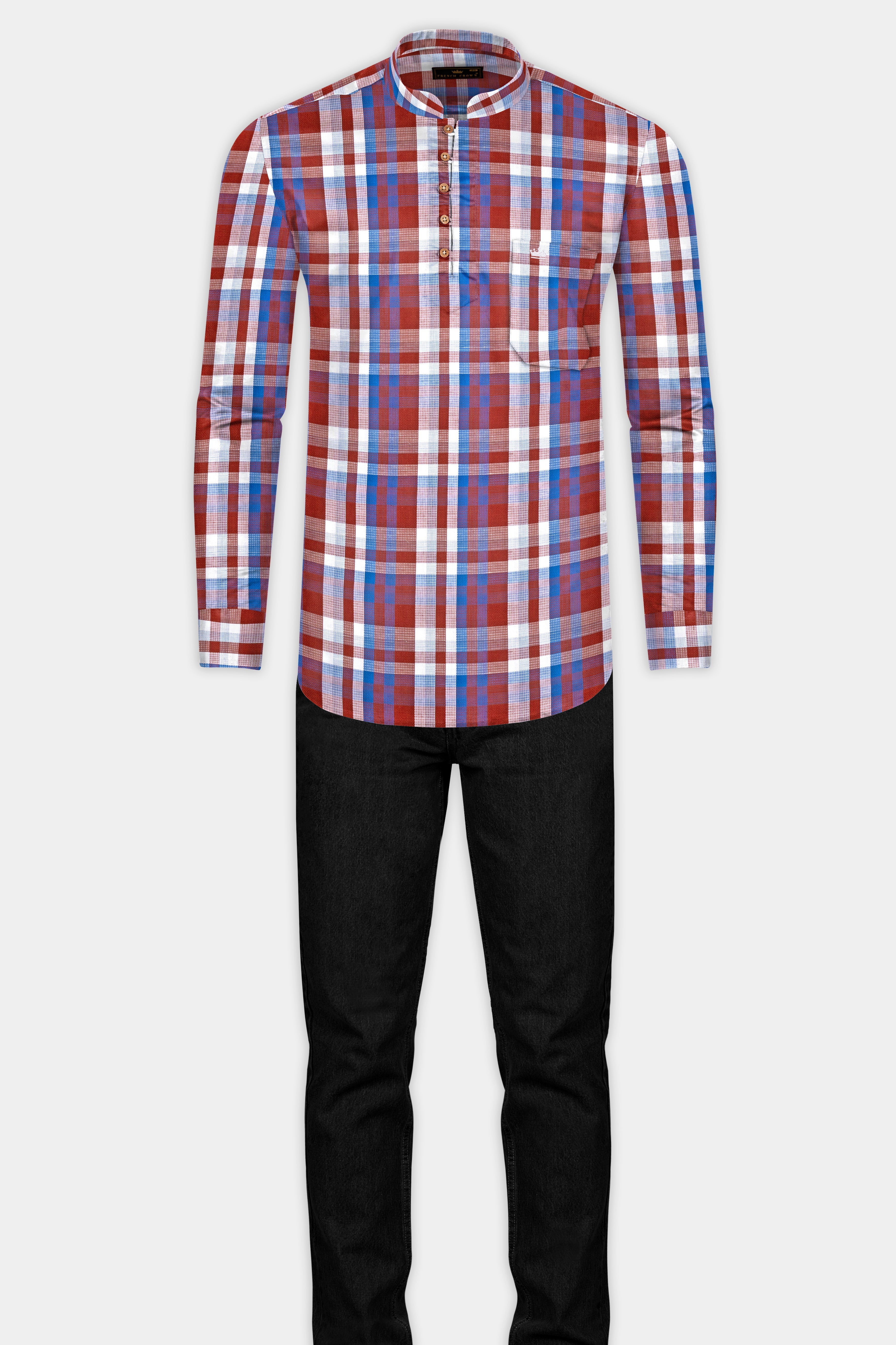 Chestnut Red and Venice Blue Plaid Dobby Textured Premium Giza Cotton Kurta Shirt