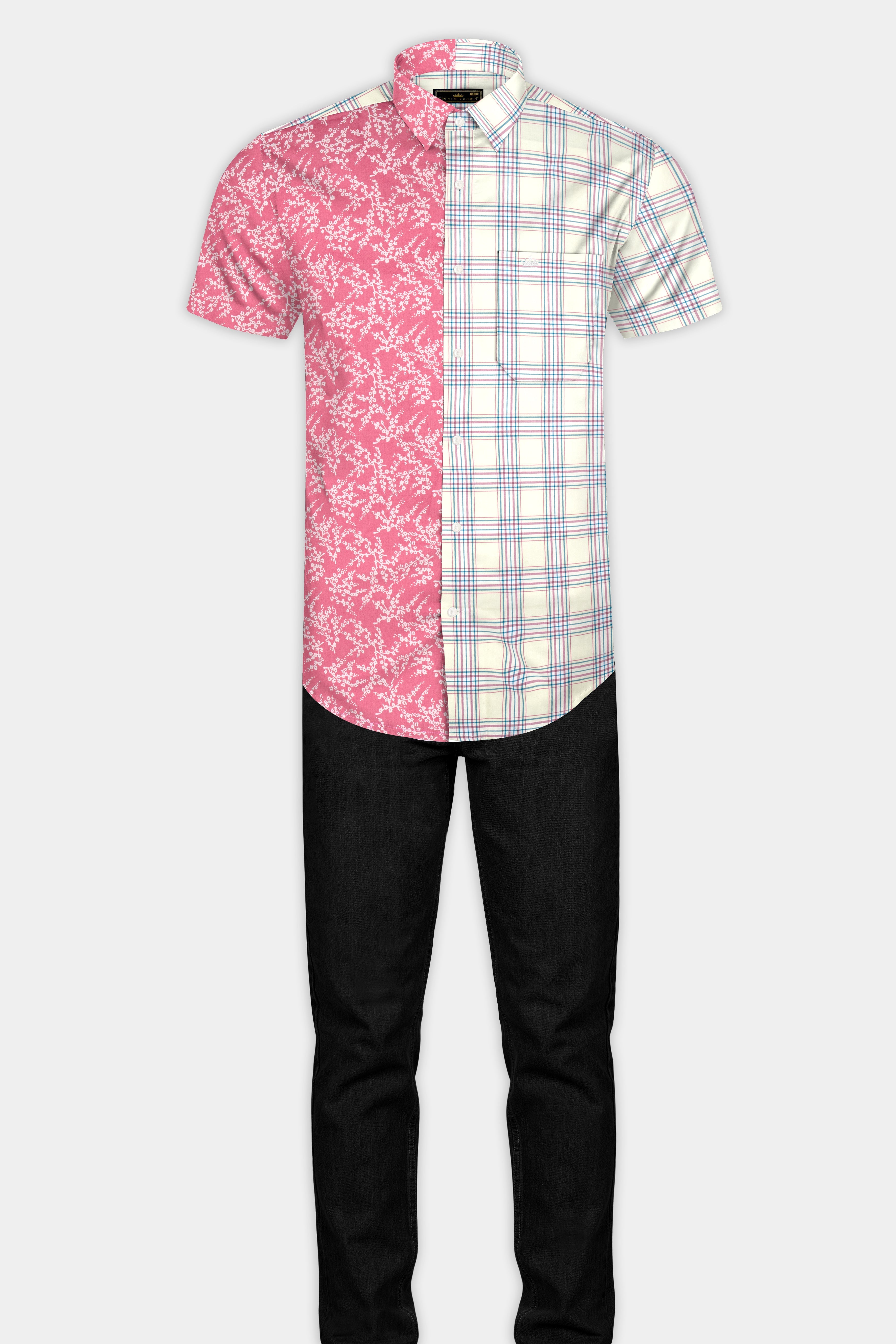 Half Floral and Half Plaid Twill Textured Premium Cotton Shirt