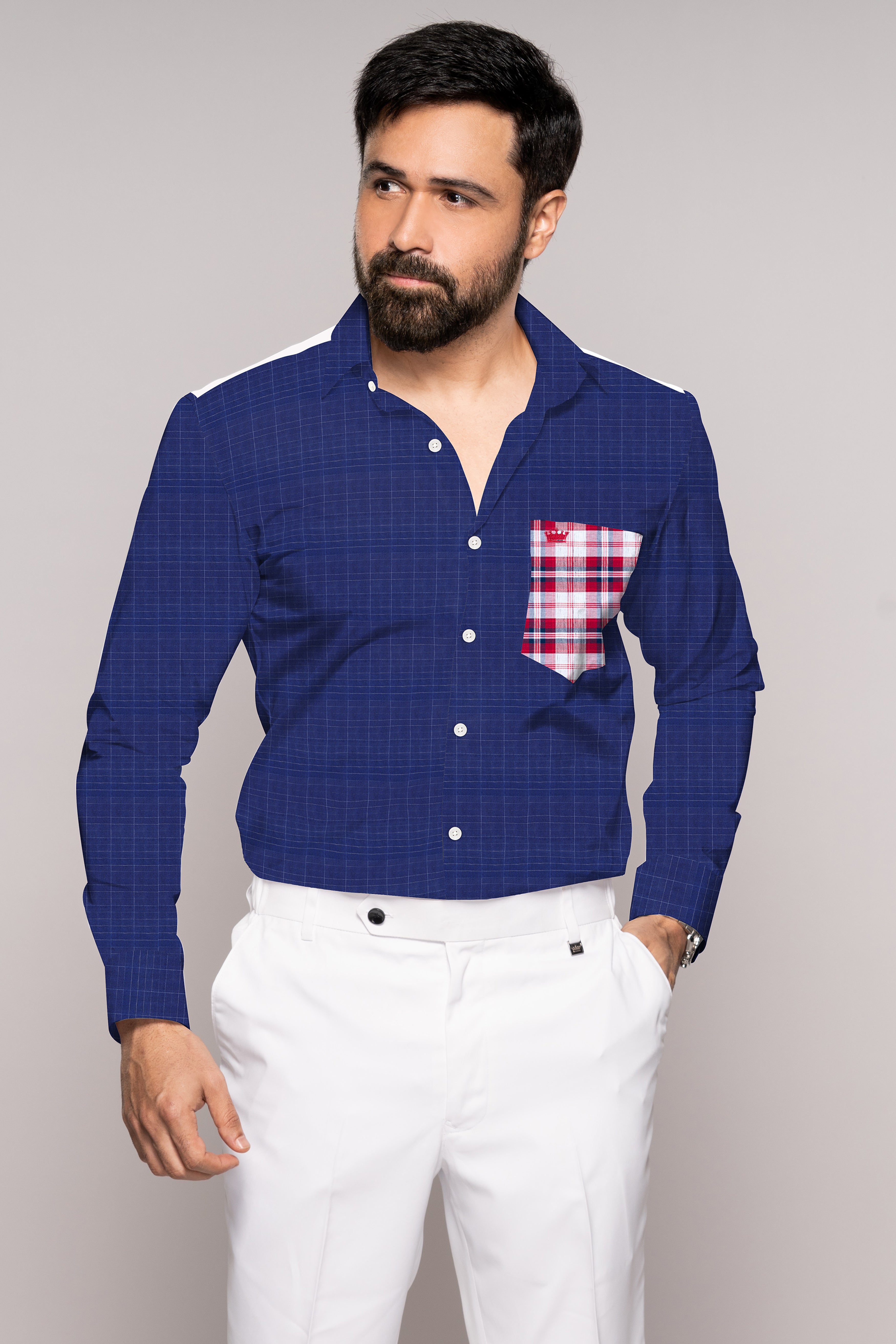 Lucky Point Blue Plaid Twill Textured Premium Cotton Shirt