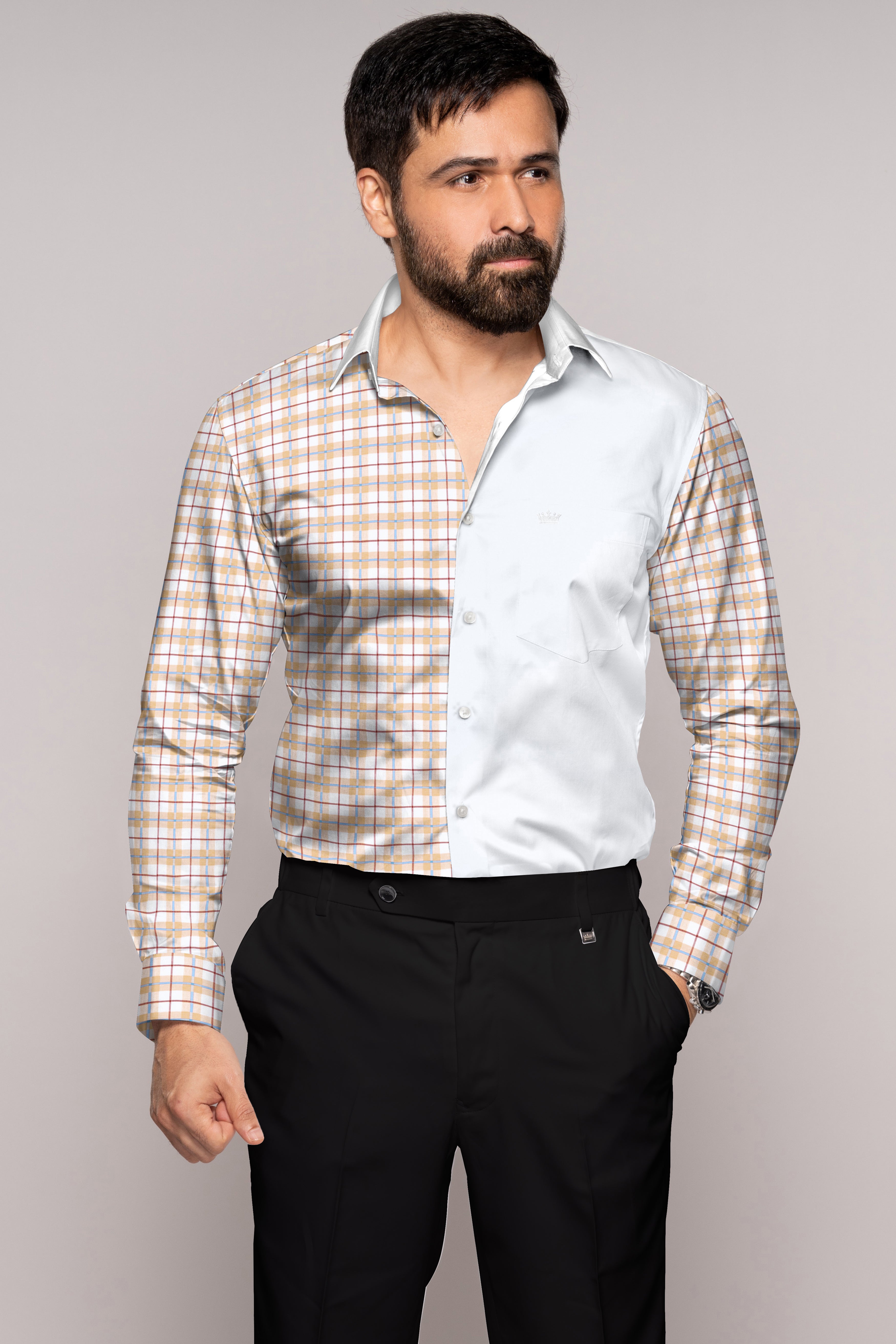 Half Almond Half White Plaid Super Soft Premium Cotton Shirt