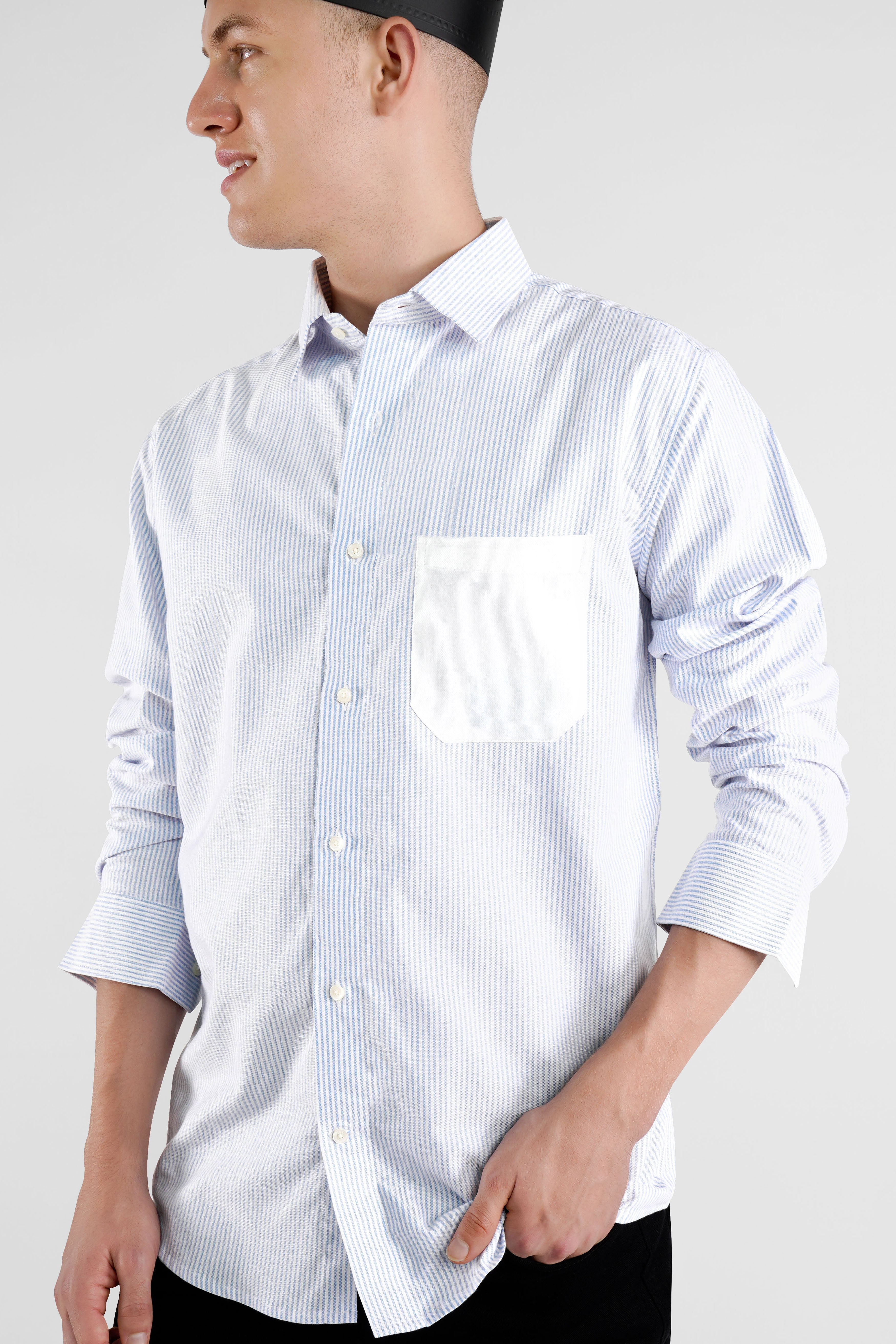 Bright White and Porcelain Blue Pinstriped with Funky Printed Royal Oxford Designer Shirt