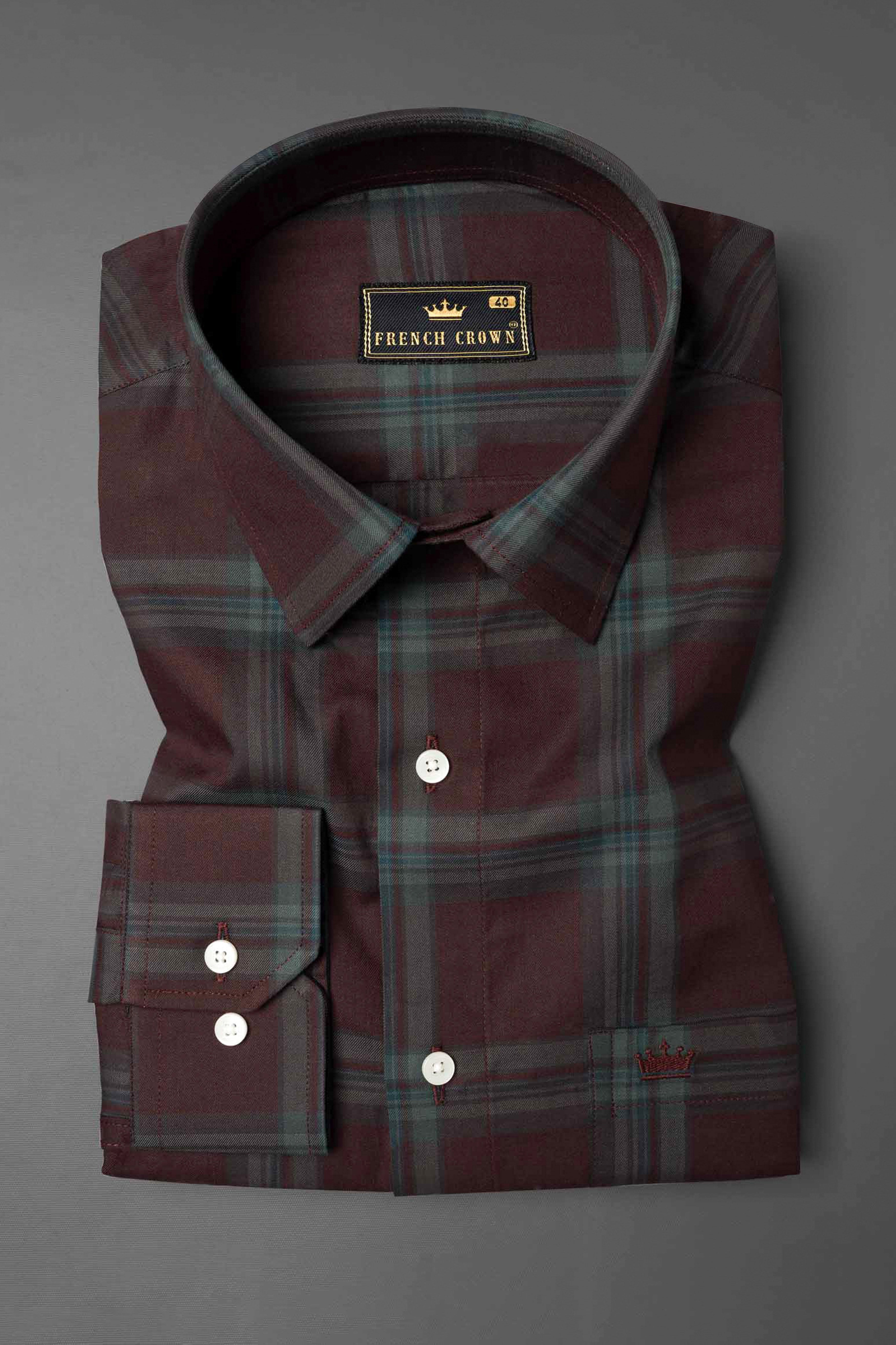 Crater Port Maroon with Gable Green Checkered with Patchwork Twill Premium Cotton Designer Shirt