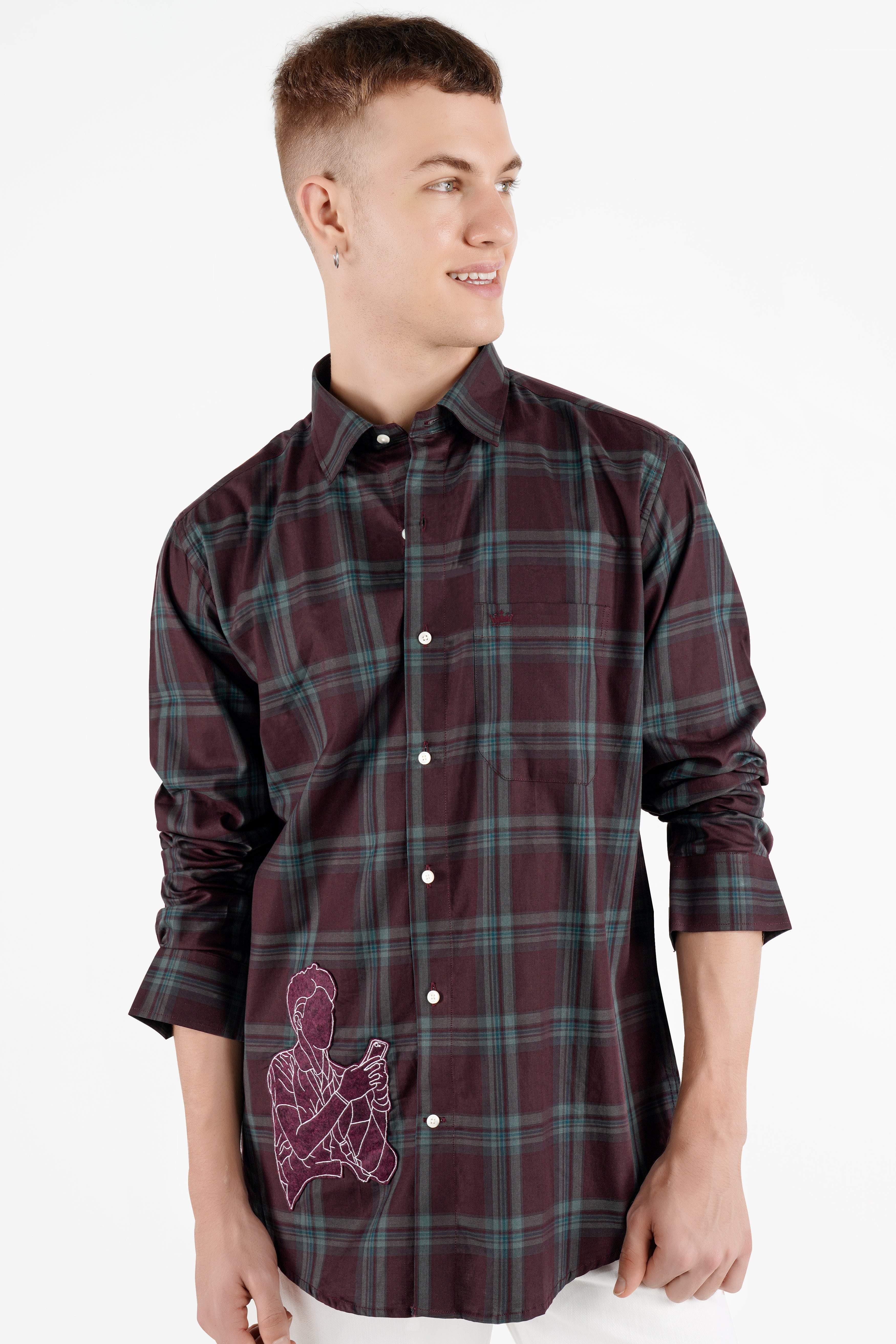 Crater Port Maroon with Gable Green Checkered with Patchwork Twill Premium Cotton Designer Shirt