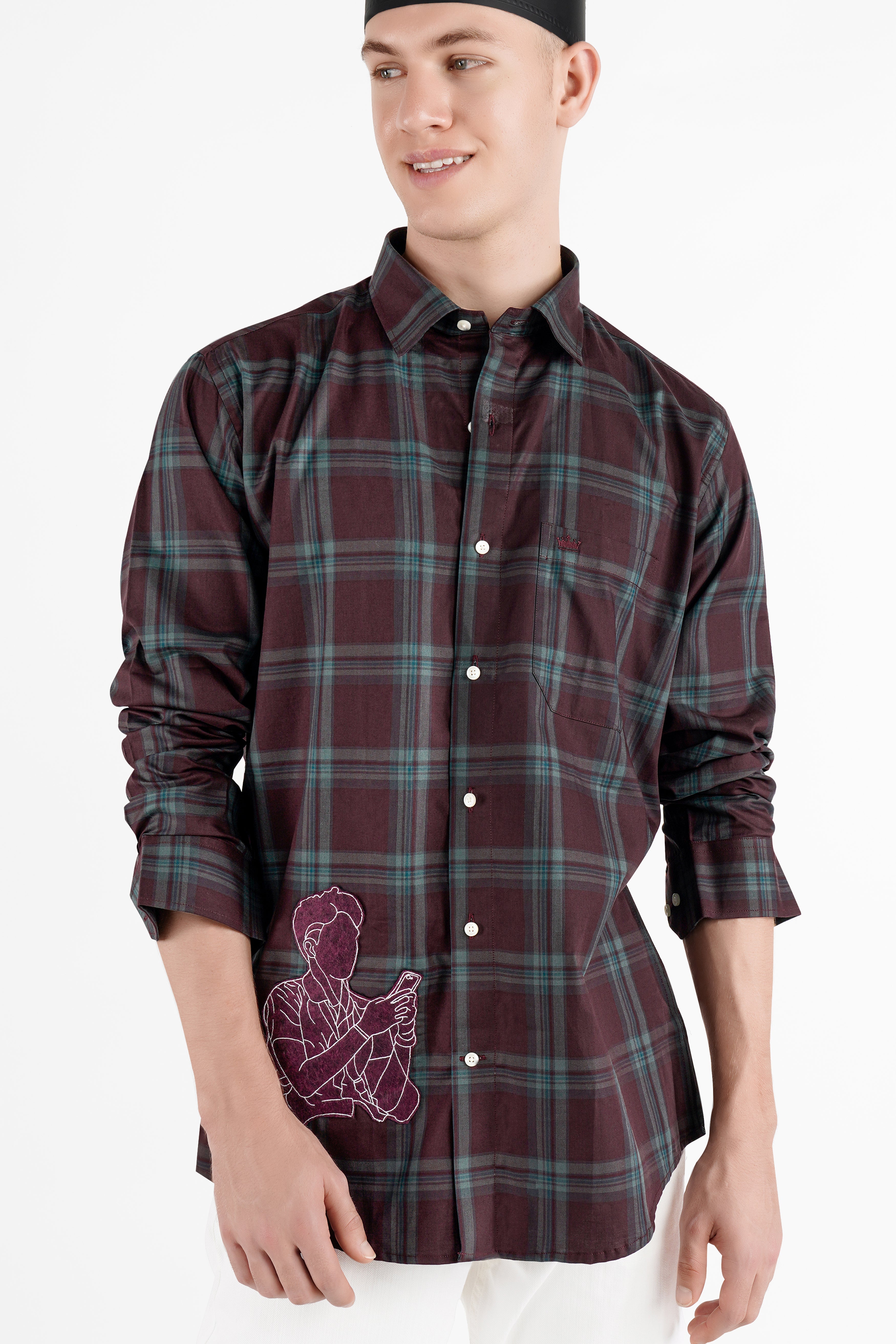 Crater Port Maroon with Gable Green Checkered with Patchwork Twill Premium Cotton Designer Shirt