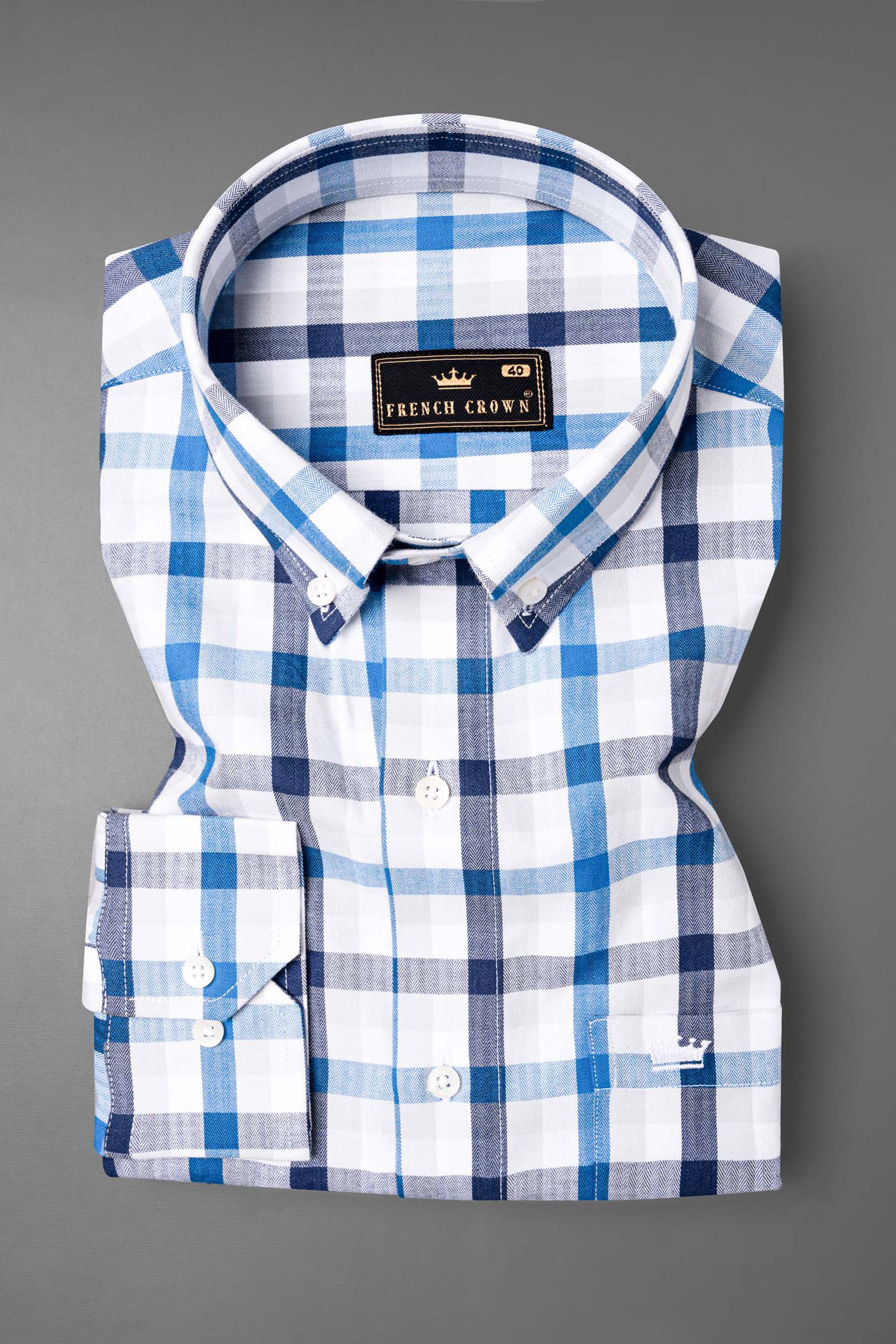 Downriver Blue and White Checkered with Funky Printed Herringbone Designer Shirt