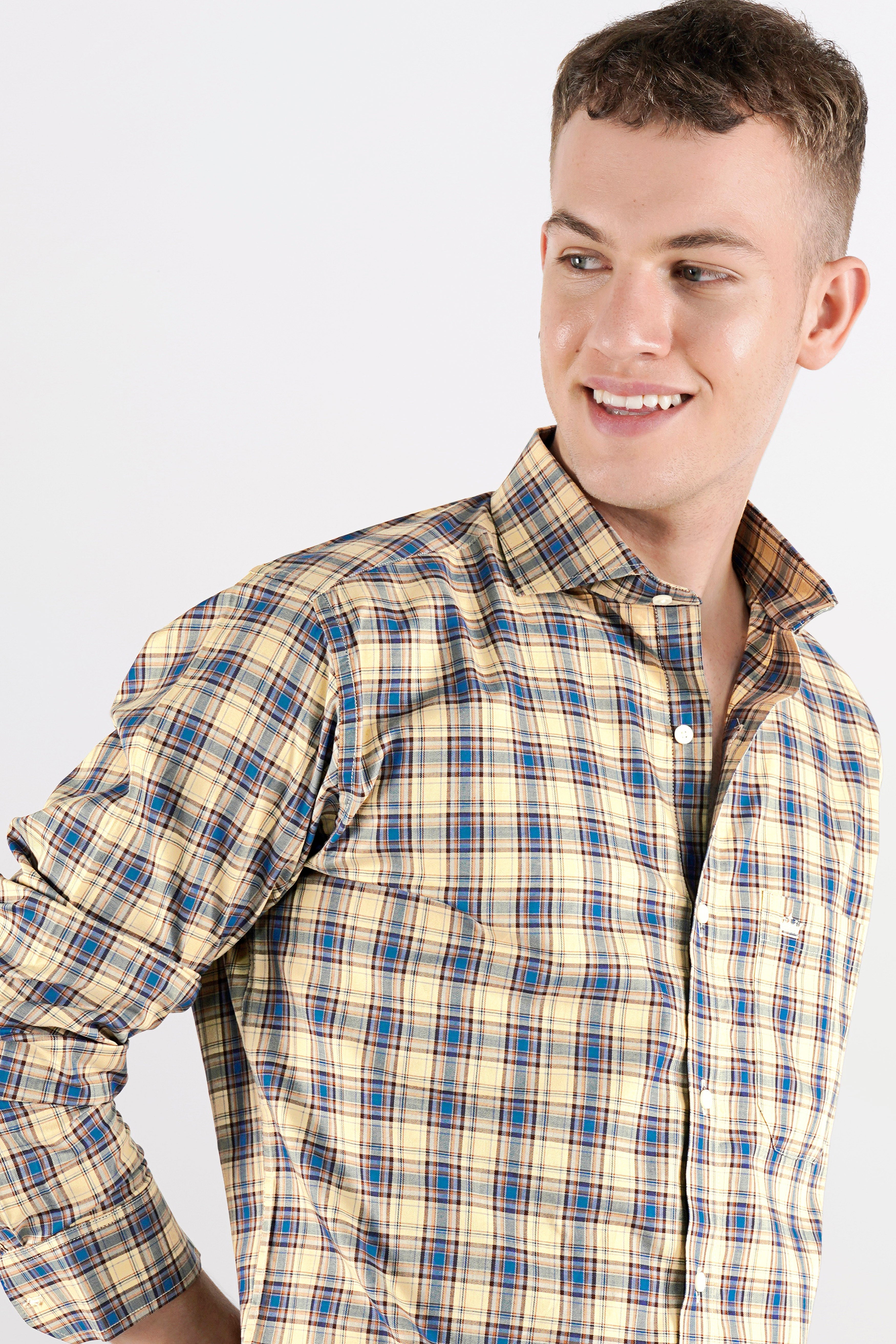 Double Pearl Beige and Astral Blue Plaid Twill Textured Premium Cotton Shirt