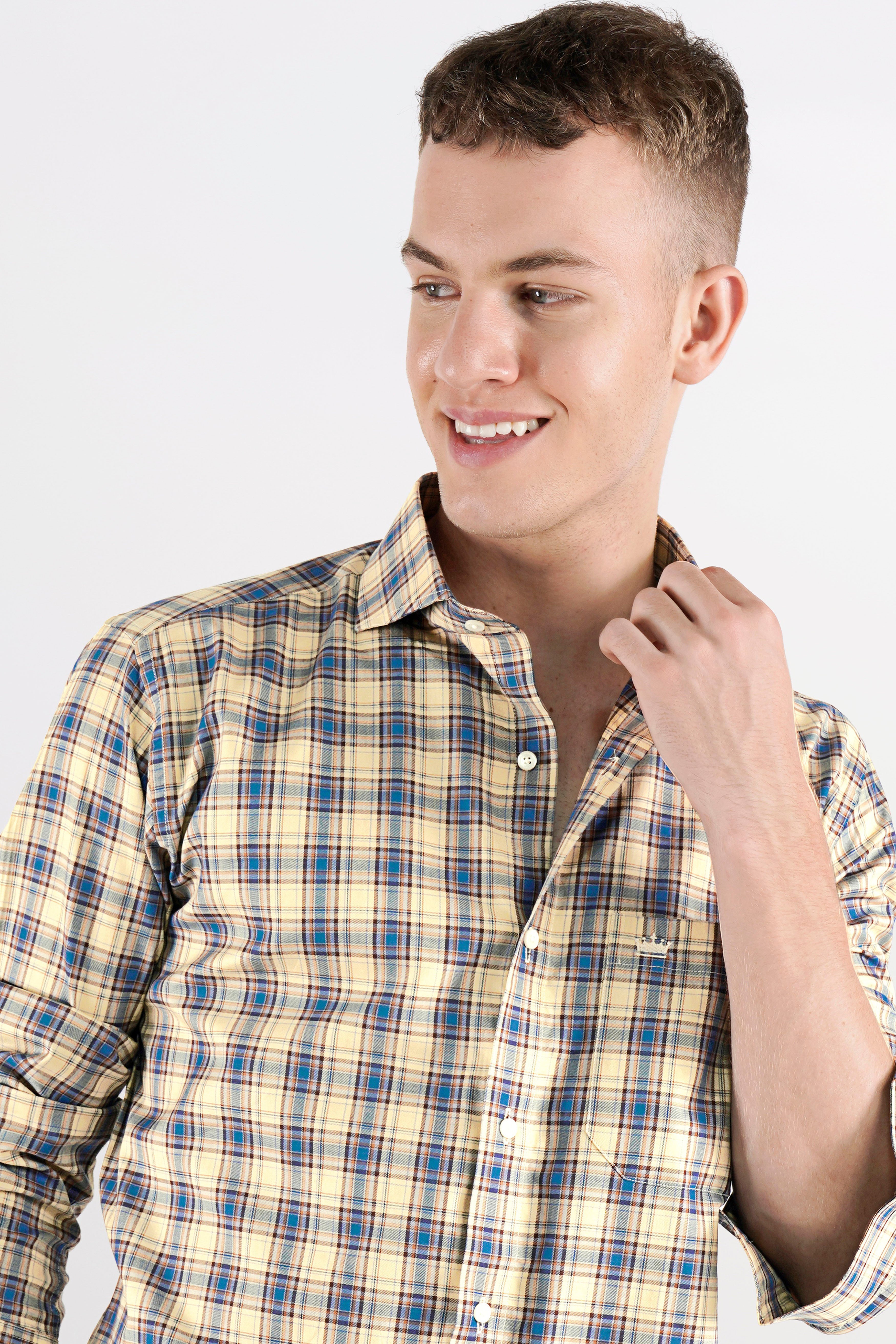 Double Pearl Beige and Astral Blue Plaid Twill Textured Premium Cotton Shirt