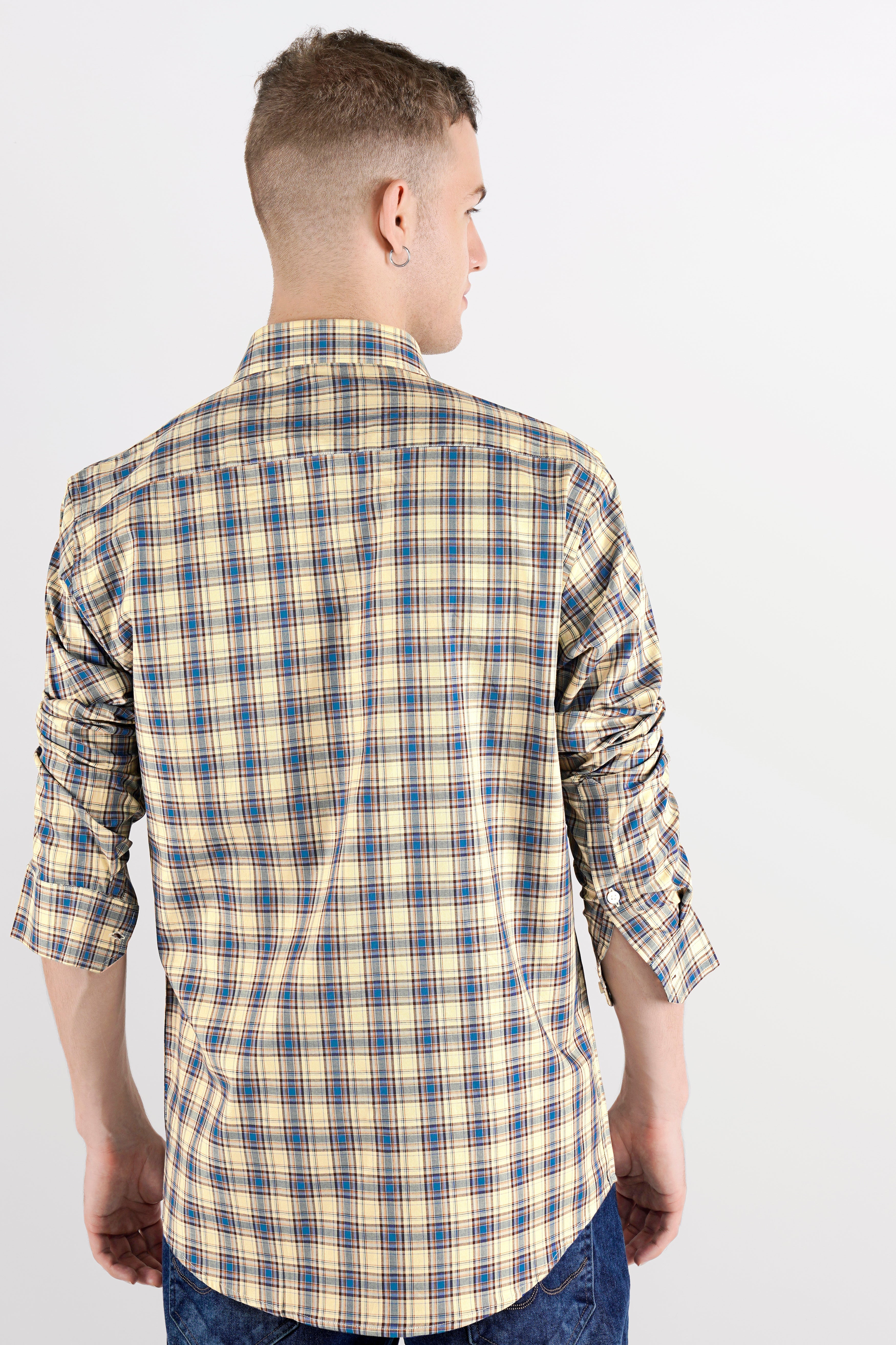 Double Pearl Beige and Astral Blue Plaid Twill Textured Premium Cotton Shirt