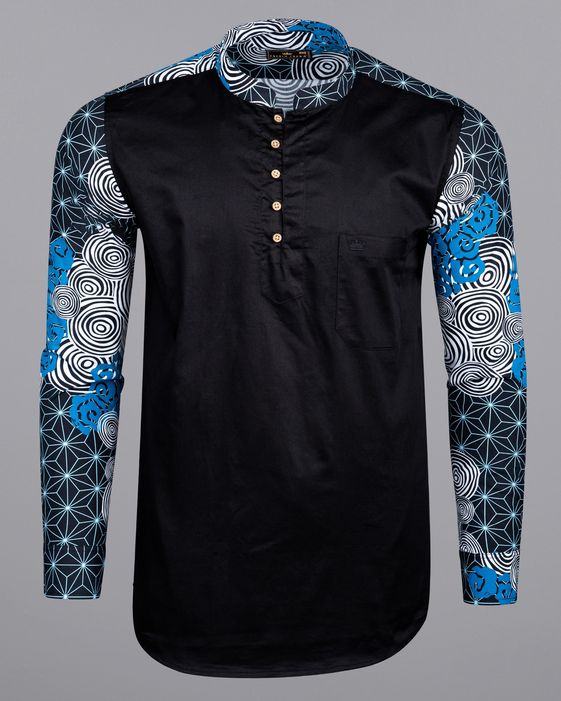 Jade Black with Galactic Printed sleeves and Collar Premium Cotton Kurta Shirt