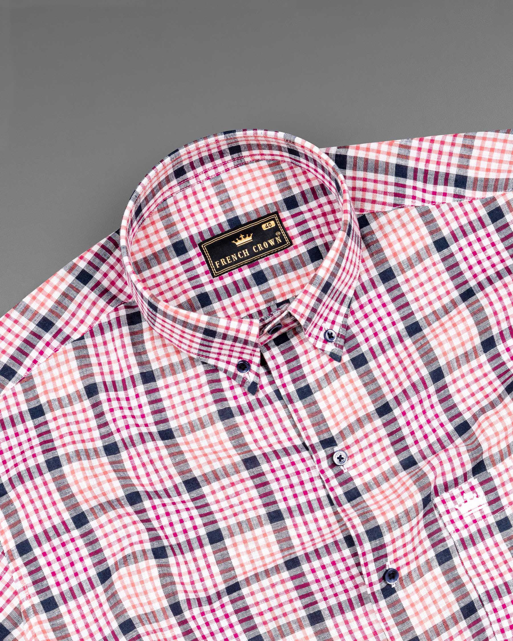 White and Bittersweet Peach Multicolour Plaid Luxurious Linen Shirt